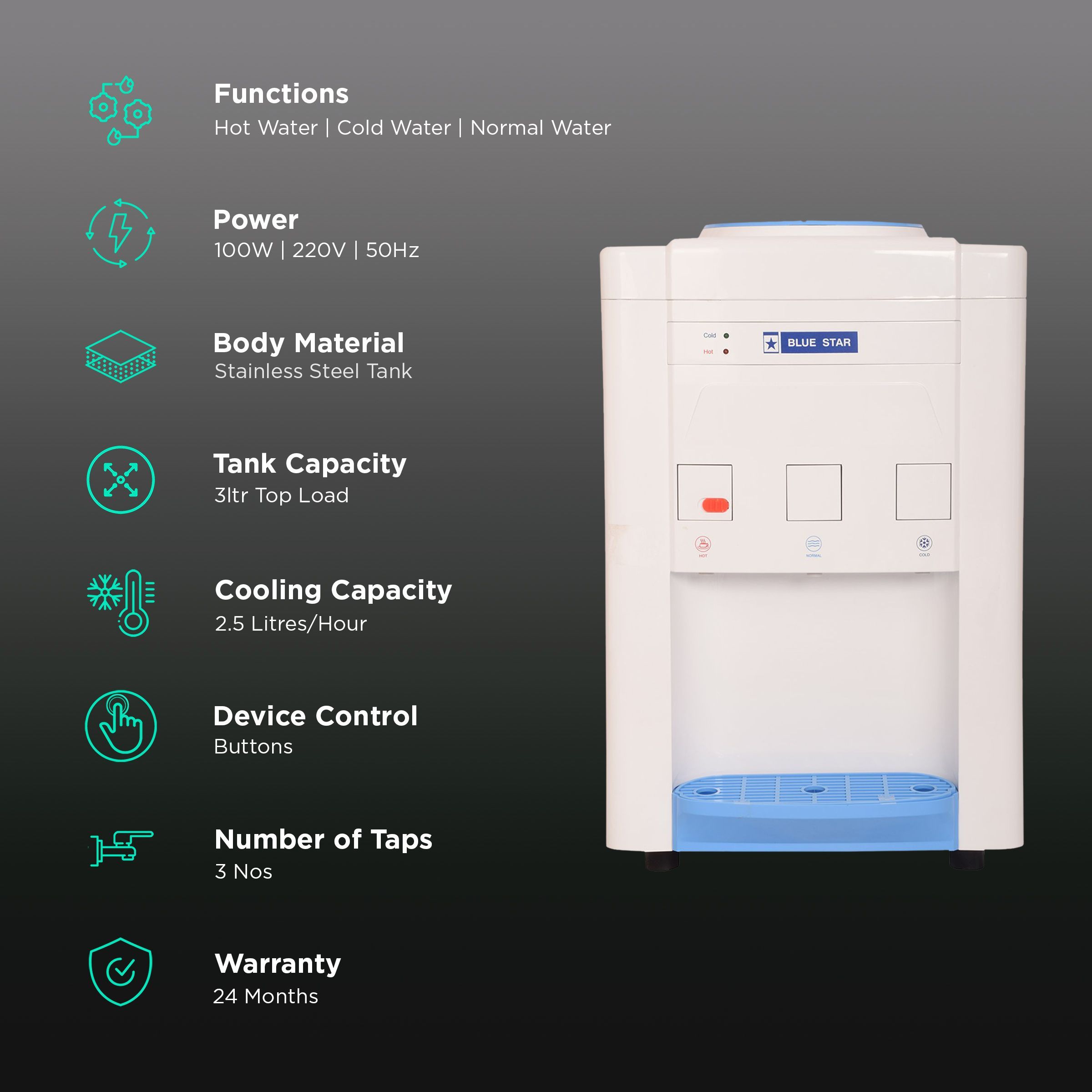 Blue Star Hot, Cold and Normal Top Load Water Dispenser with 3 Taps (White)_3