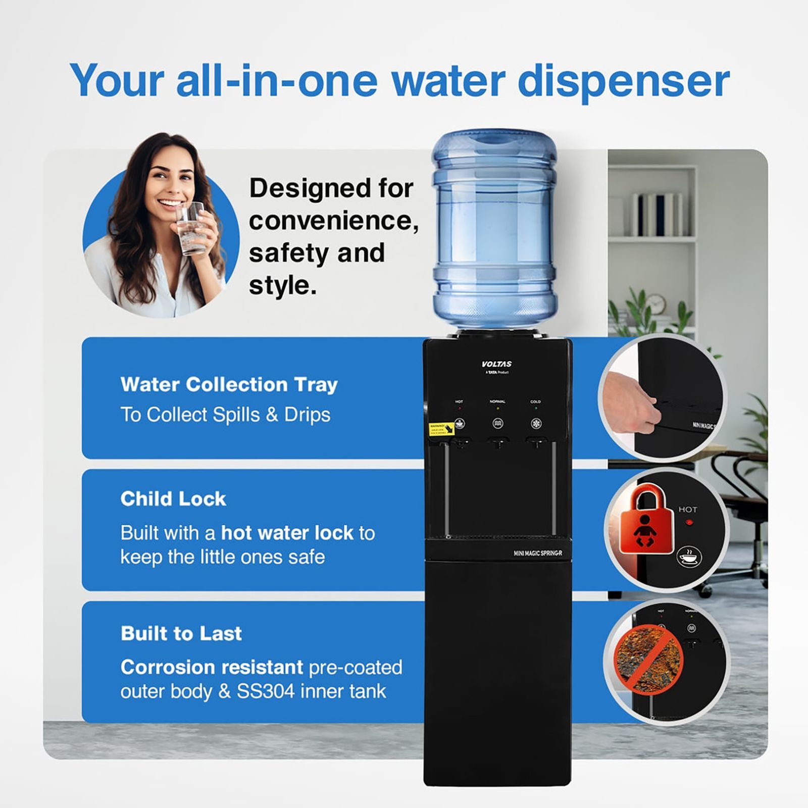 VOLTAS Minimagic Spring RV Plus Hot, Cold & Normal Top Load Water Dispenser with Cooling Cabinet (Black)_12