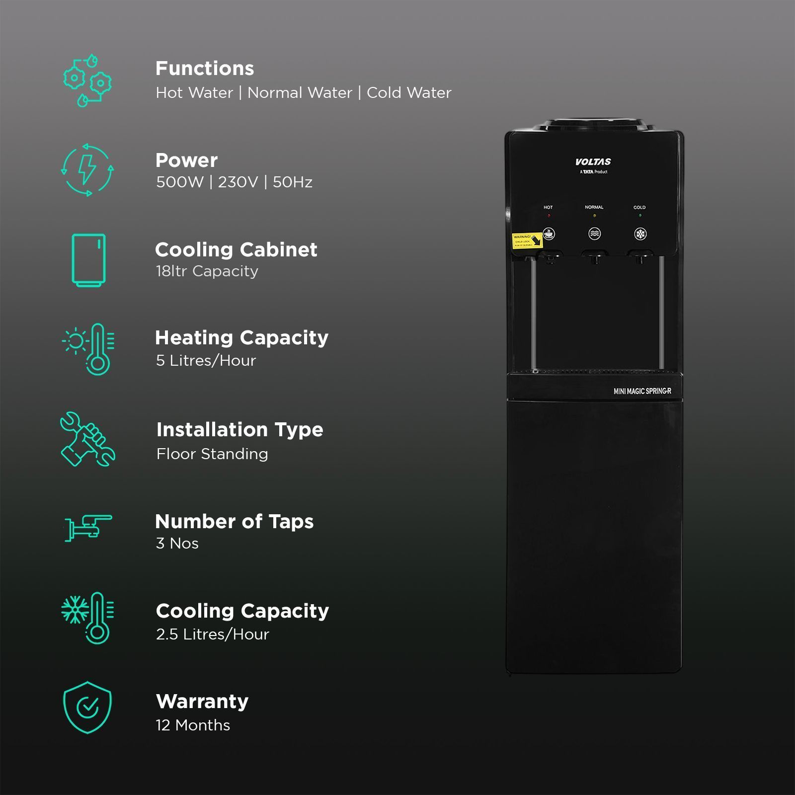 VOLTAS Minimagic Spring RV Plus Hot, Cold & Normal Top Load Water Dispenser with Cooling Cabinet (Black)_3