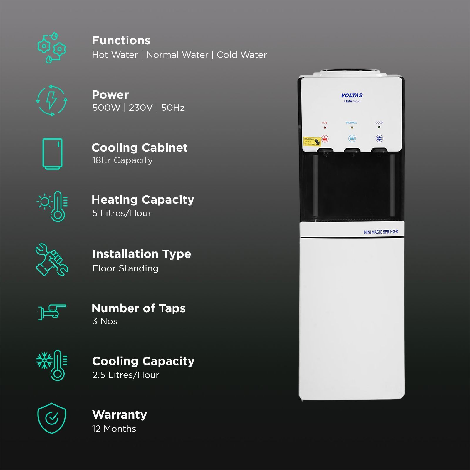 VOLTAS Minimagic Spring RV Plus Hot, Cold & Normal Top Load Water Dispenser with Cooling Cabinet (Black and White) VOLTAS Minimagic Spring RV Plus Hot, Cold & Normal Top Load Water Dispenser with Cooling Cabinet (Black and White)_3