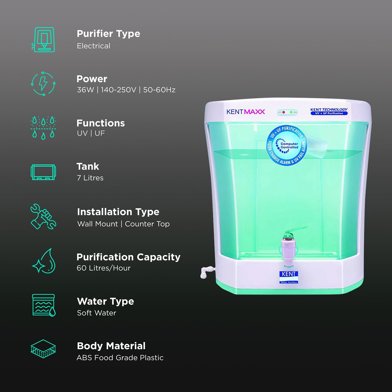 KENT Maxx 7L UV + UF Water Purifier with Double Purification Process (White & Blue)_3