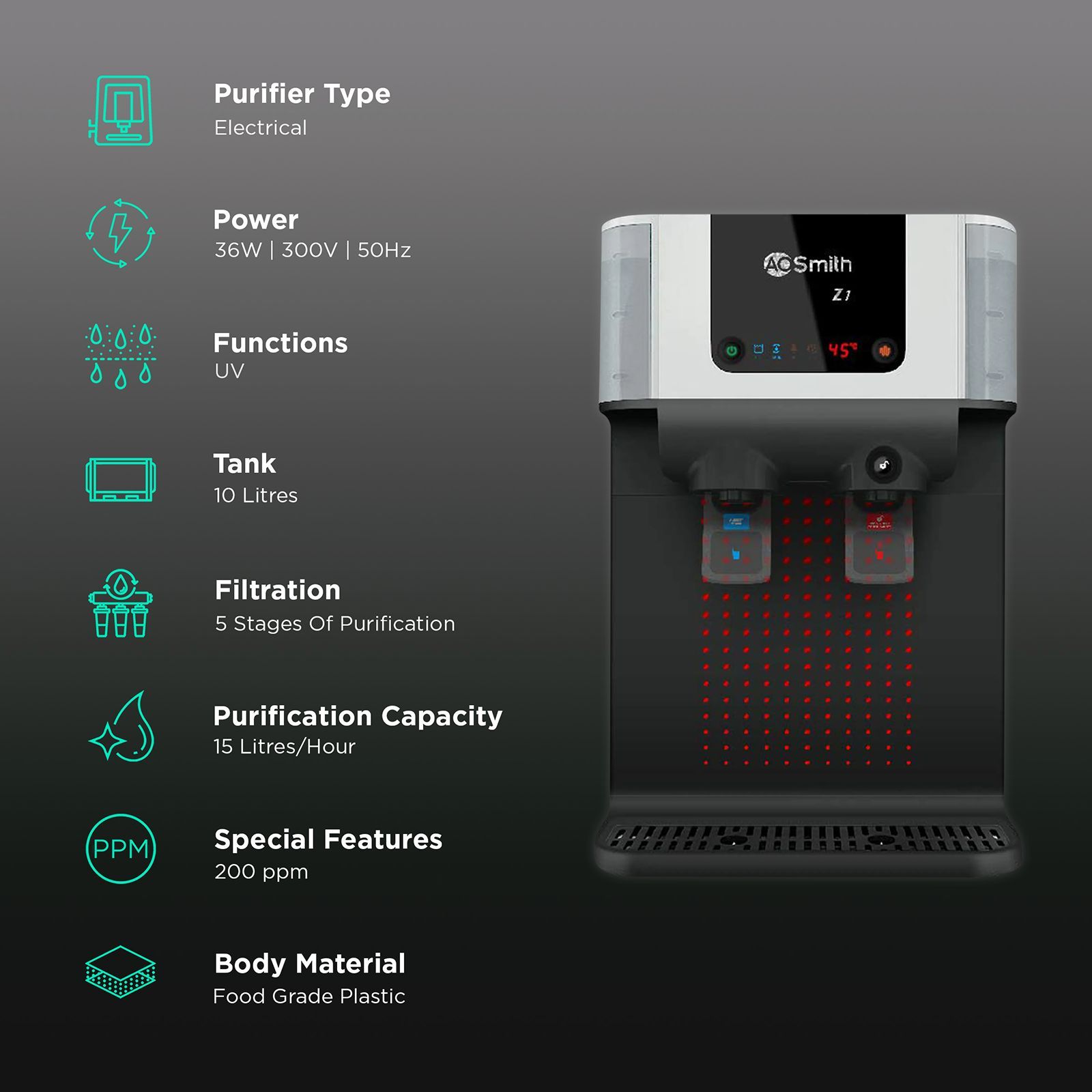 AO Smith Z1 10L UV Hot & Cold Water Purifier with Sediment Filter (Black)_3