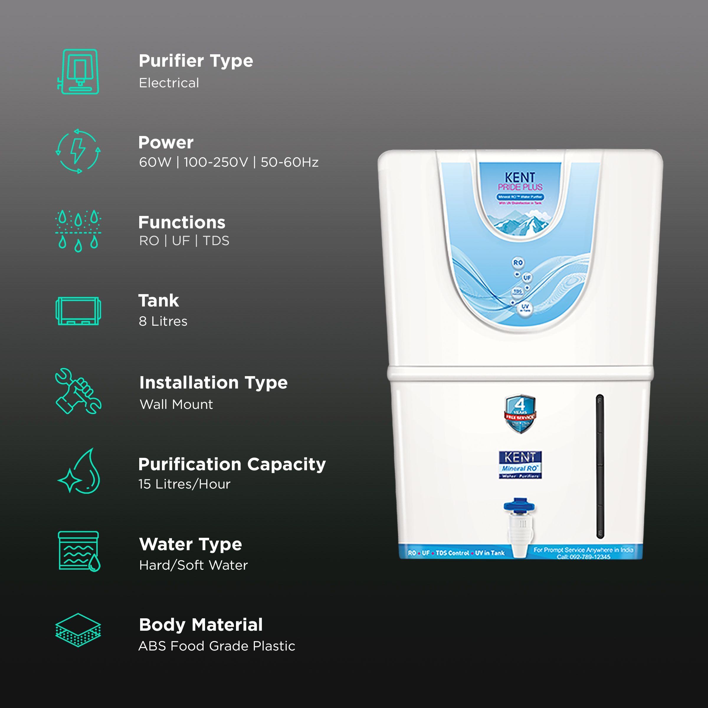 KENT Pride Plus 8L RO + UF + UV-in-tank + TDS Water Purifier with Multiple Purification Process (White)_3