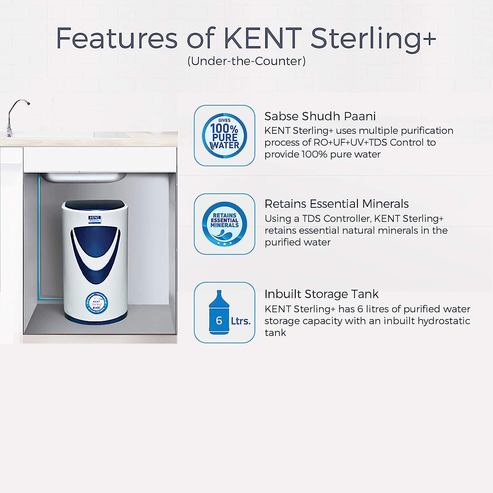 KENT Sterling Plus 6L RO + UV + UF + TDS Under the Sink Water Purifier with Multiple Purification Process (White & Blue)_5