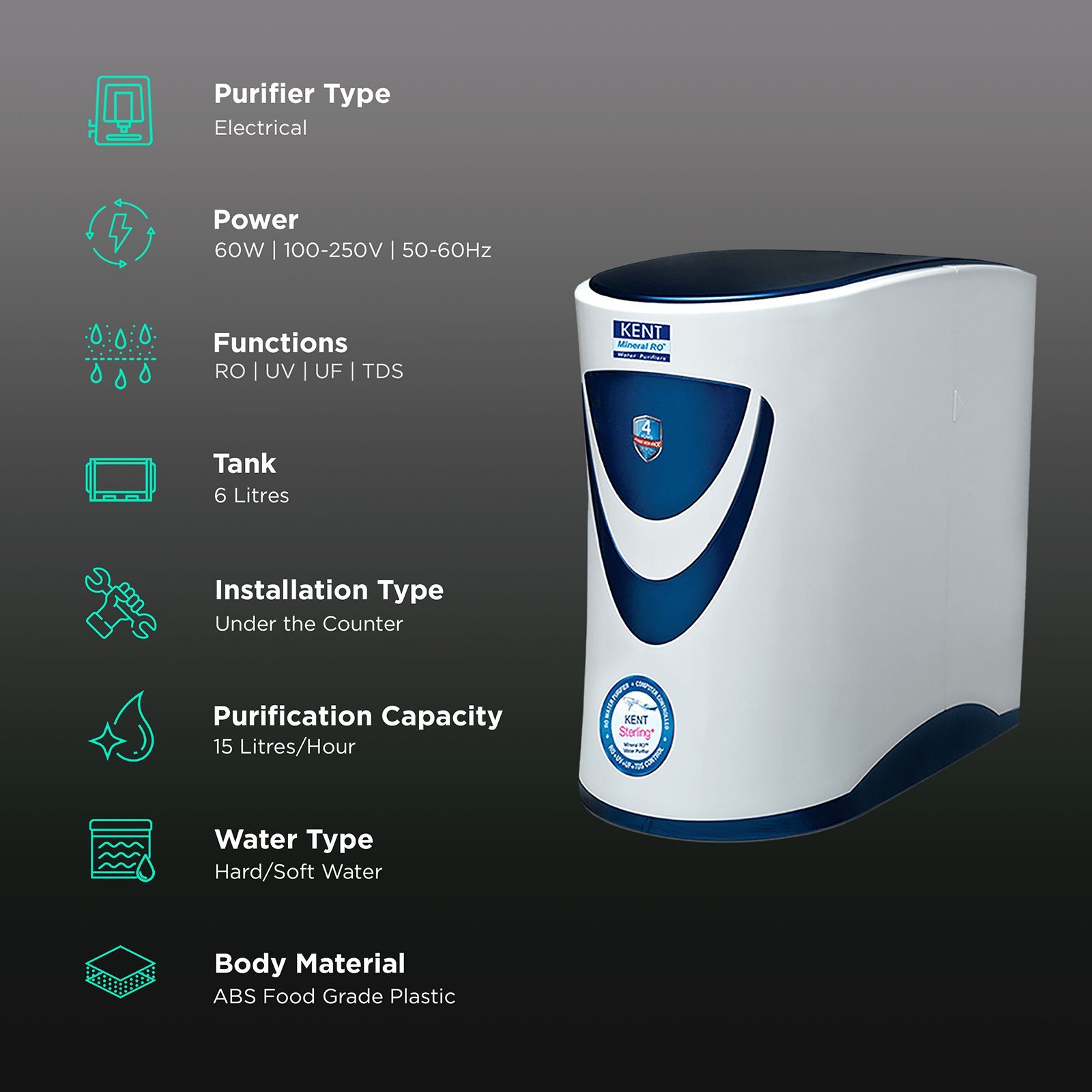 KENT Sterling Plus 6L RO + UV + UF + TDS Under the Sink Water Purifier with Multiple Purification Process (White & Blue)_3