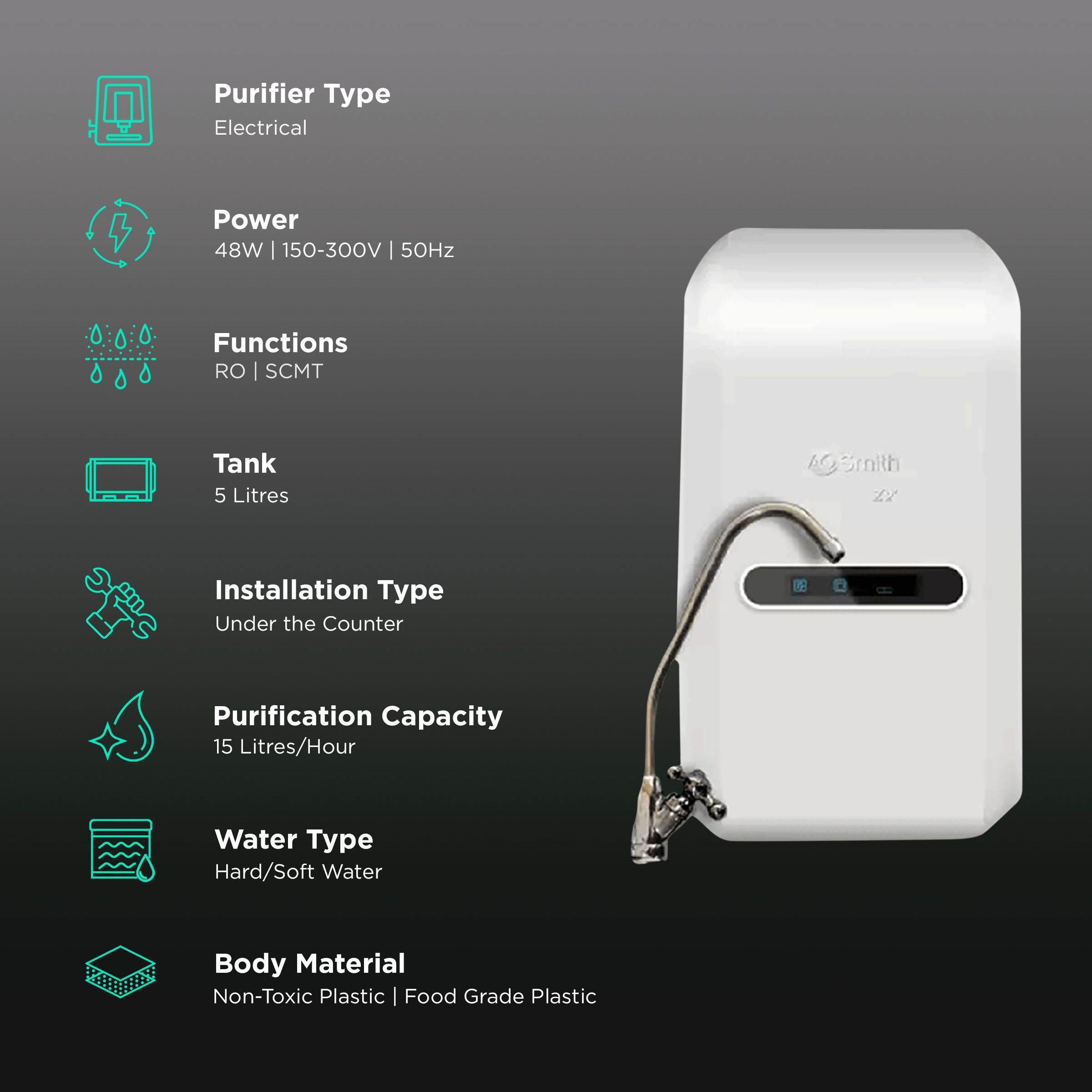 AO Smith Z2+ 5L RO + SCMT Water Purifier with 6 Stage Purification (White)_3