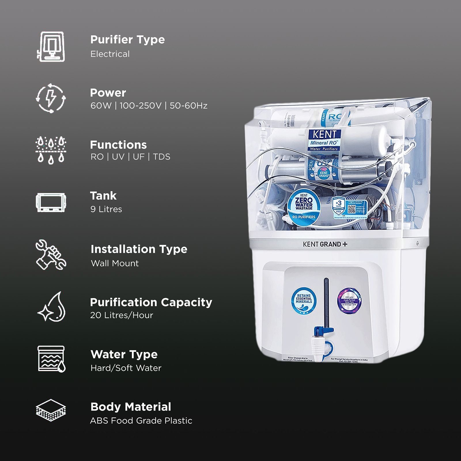 KENT Grand Plus 9L RO + UV + UF +UV-in-tank + TDS Water Purifier with Zero Water Wastage (White)_3
