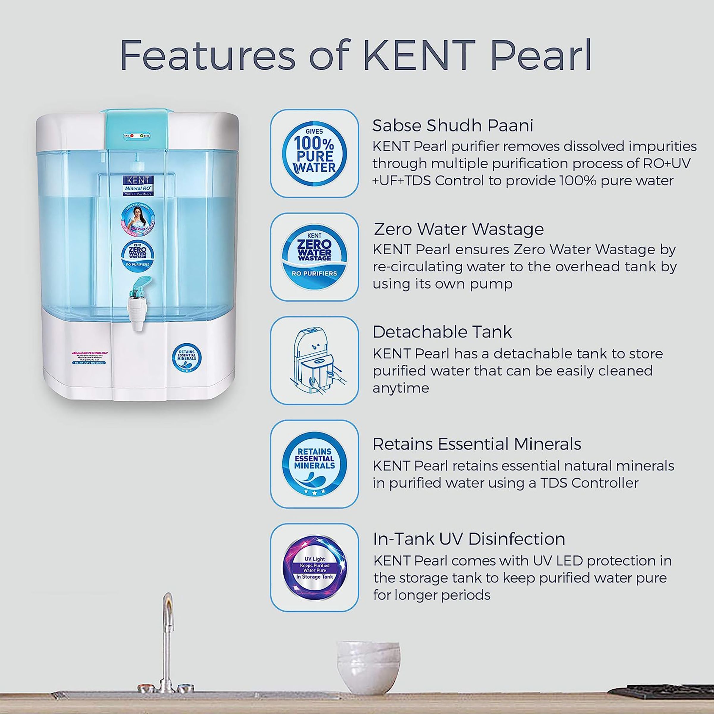 KENT Pearl 8L RO + UV + UF + UV-in-tank + TDS Water Purifier with Detachable Storage Tank and Zero Water Wastage (White)_10