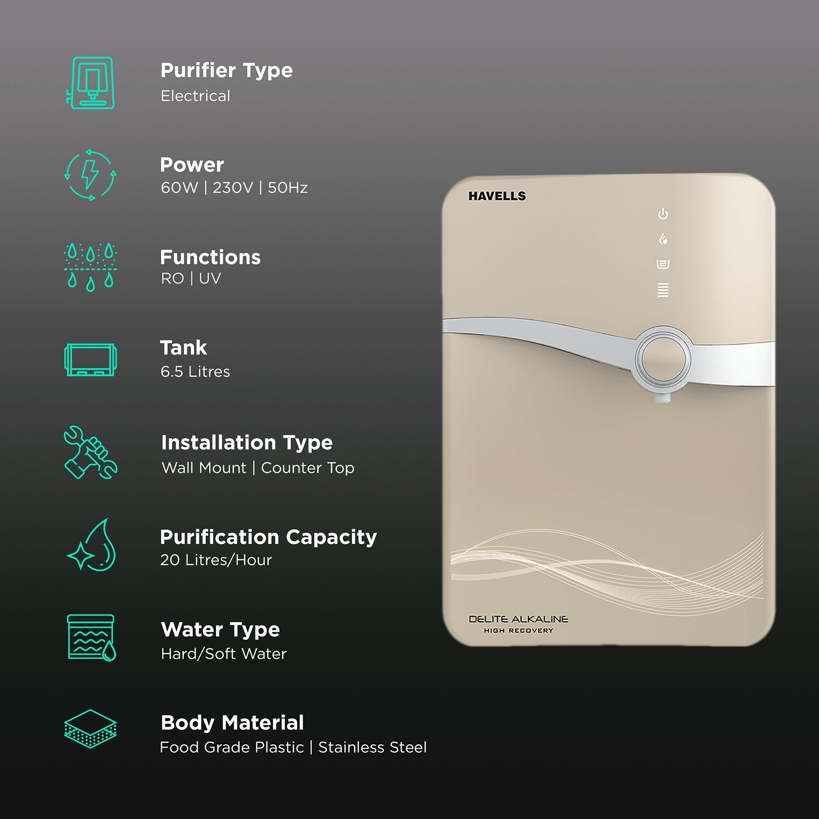HAVELLS Delite Alkaline 6.5L RO + UV Water Purifier with 8 Stage Purification (Beige)_3