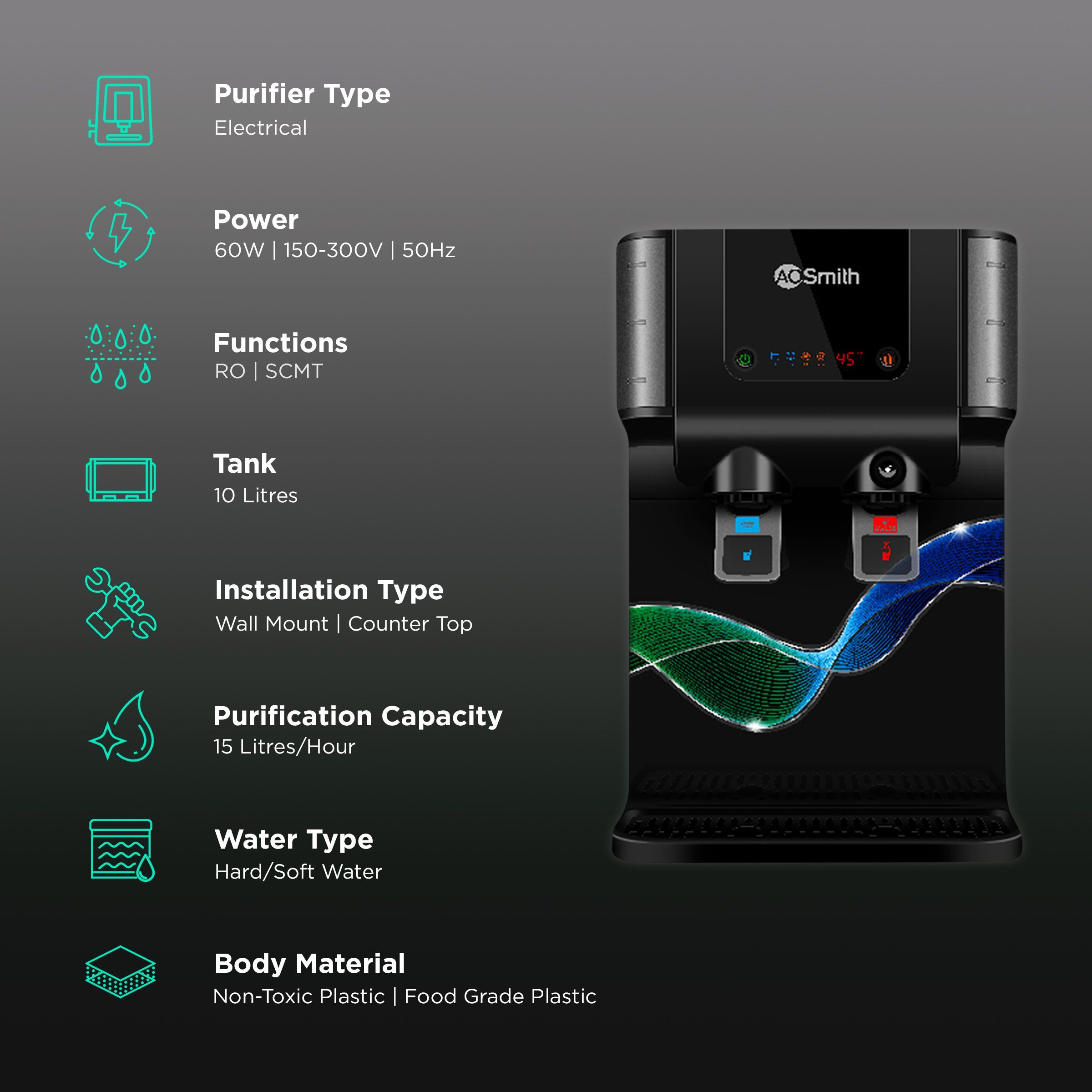 AO Smith ProPlanet P6 10L RO + SCMT Hot & Cold Water Purifier with 8 Stage Purification (Black)_3
