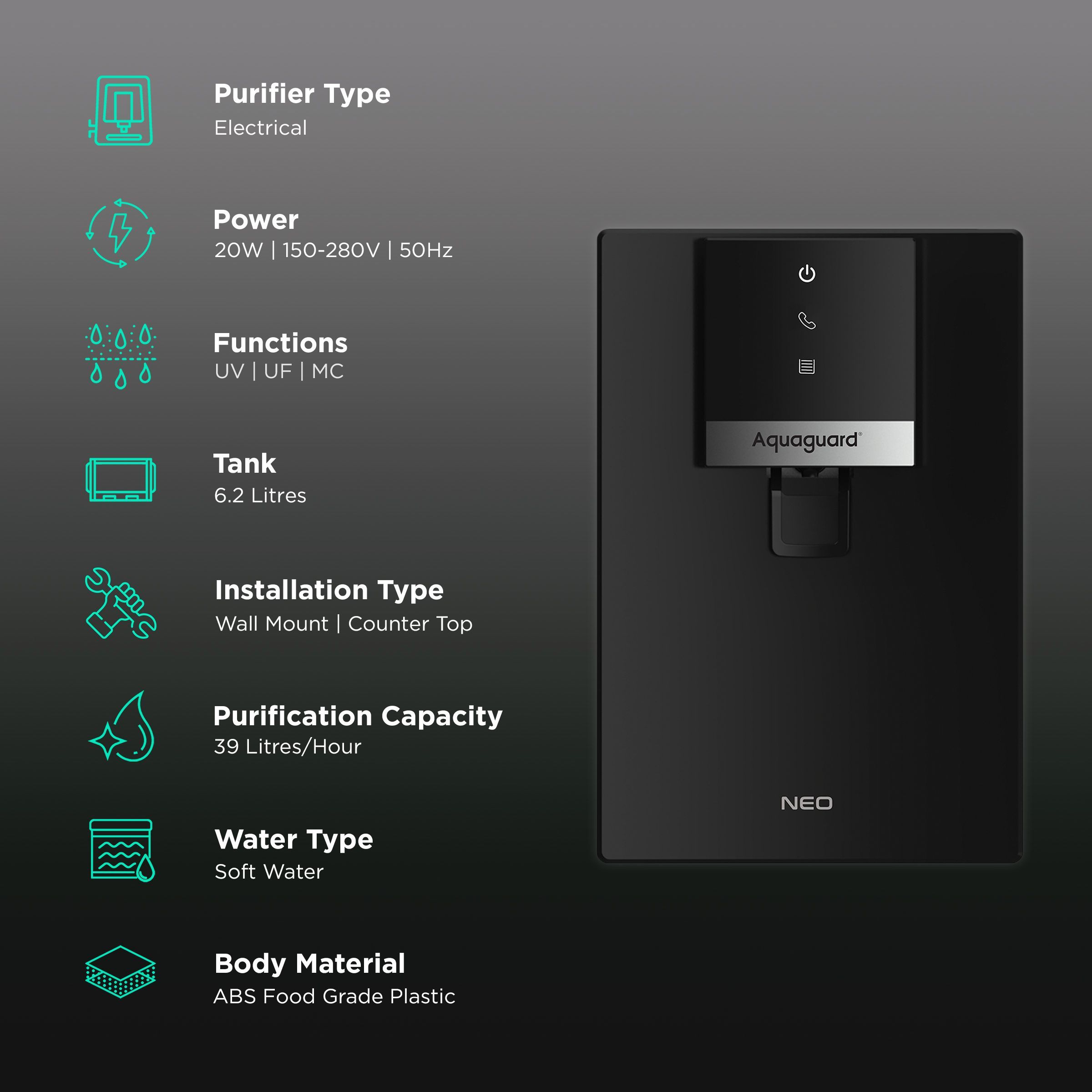 Aquaguard Neo 6.2L UV + UF + MC Water Purifier with 5 Stage Purification (Deep Black) Aquaguard Neo 6.2L UV + UF + MC Water Purifier with 5 Stage Purification (Deep Black)_3