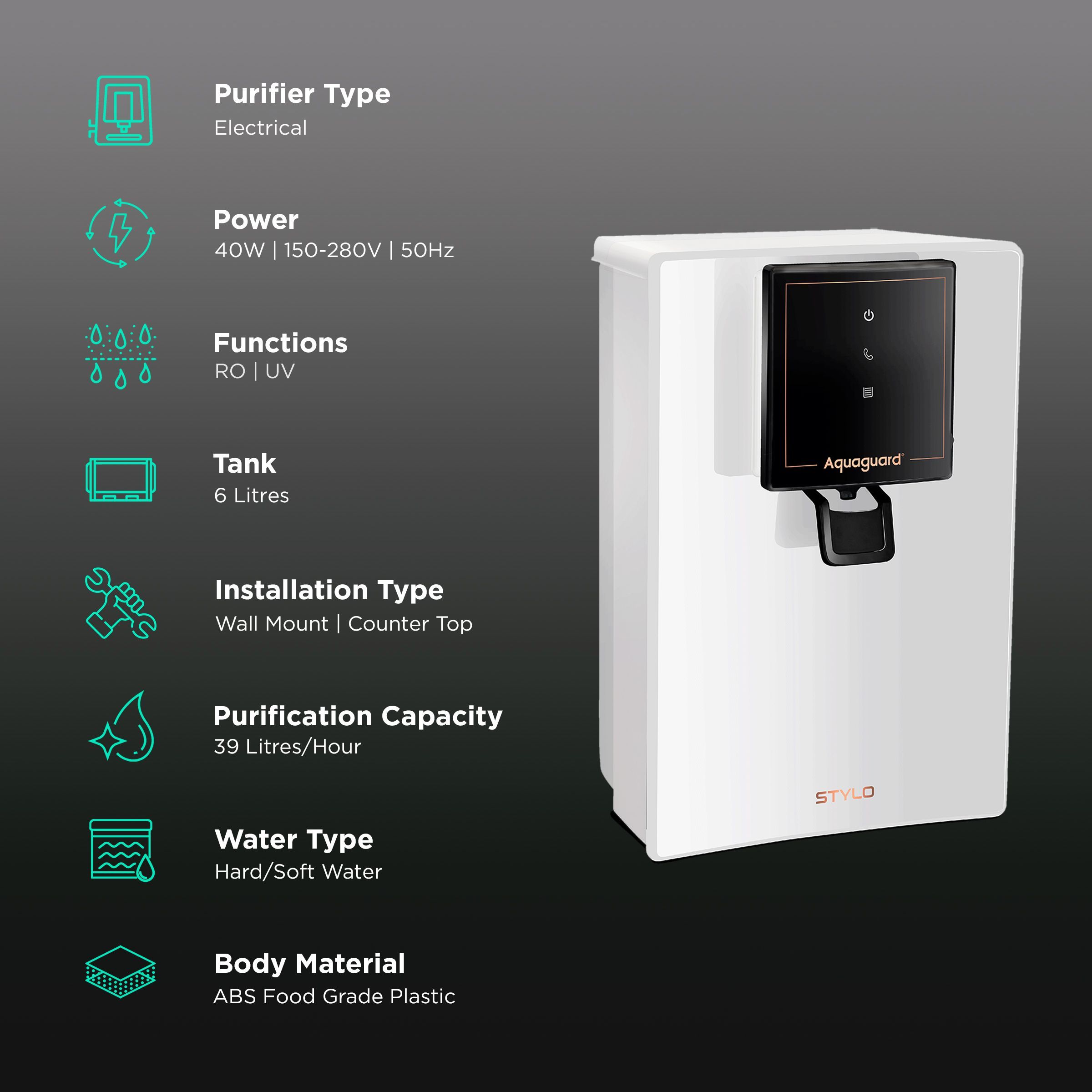 Aquaguard Stylo 6L RO + UV + MTDS Smart Water Purifier with Active Copper Zinc Booster Technology (White)_3