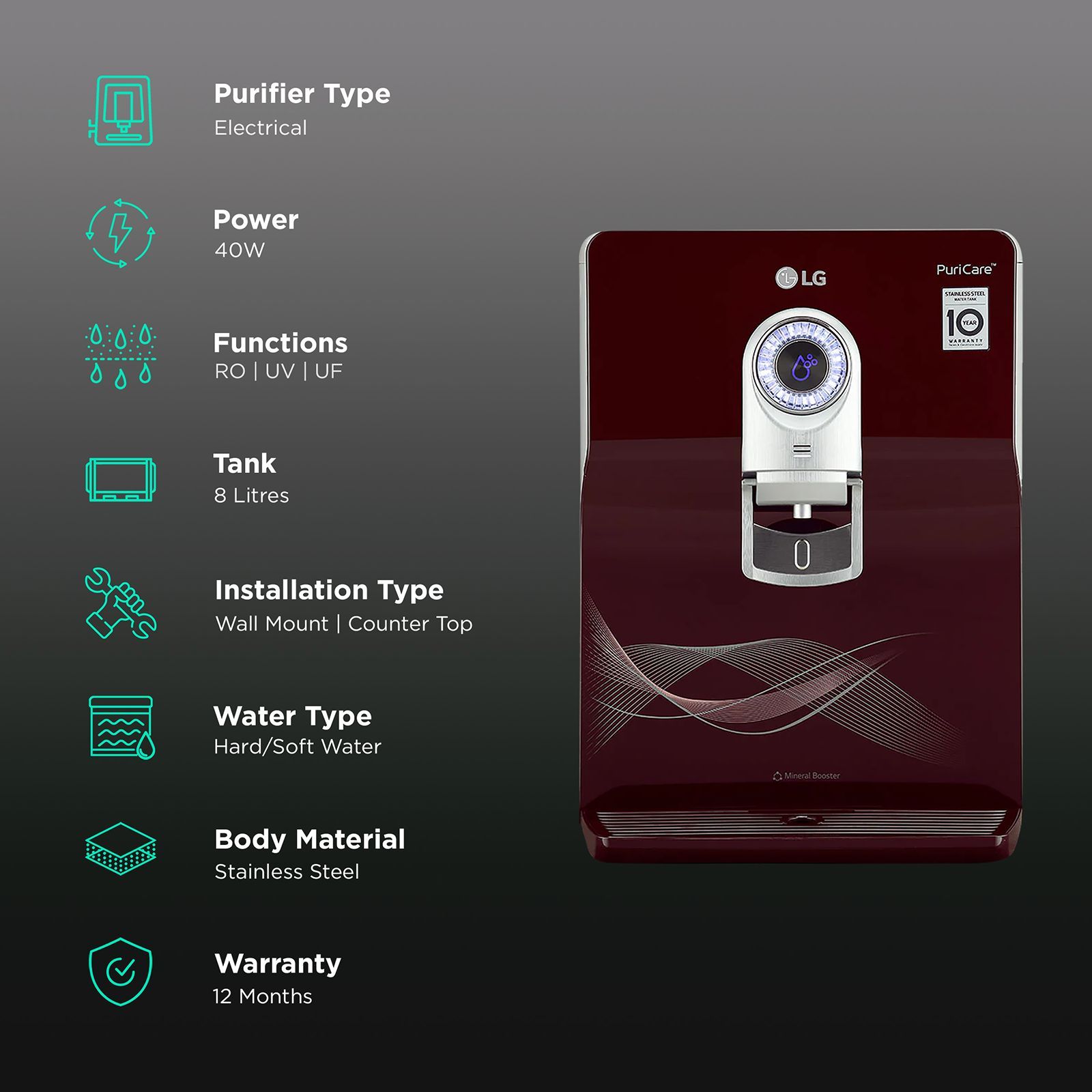 LG PuriCare 8L RO + UV + UF Water Purifier with Multi Stage Filtration Process (Crimson Red)_3