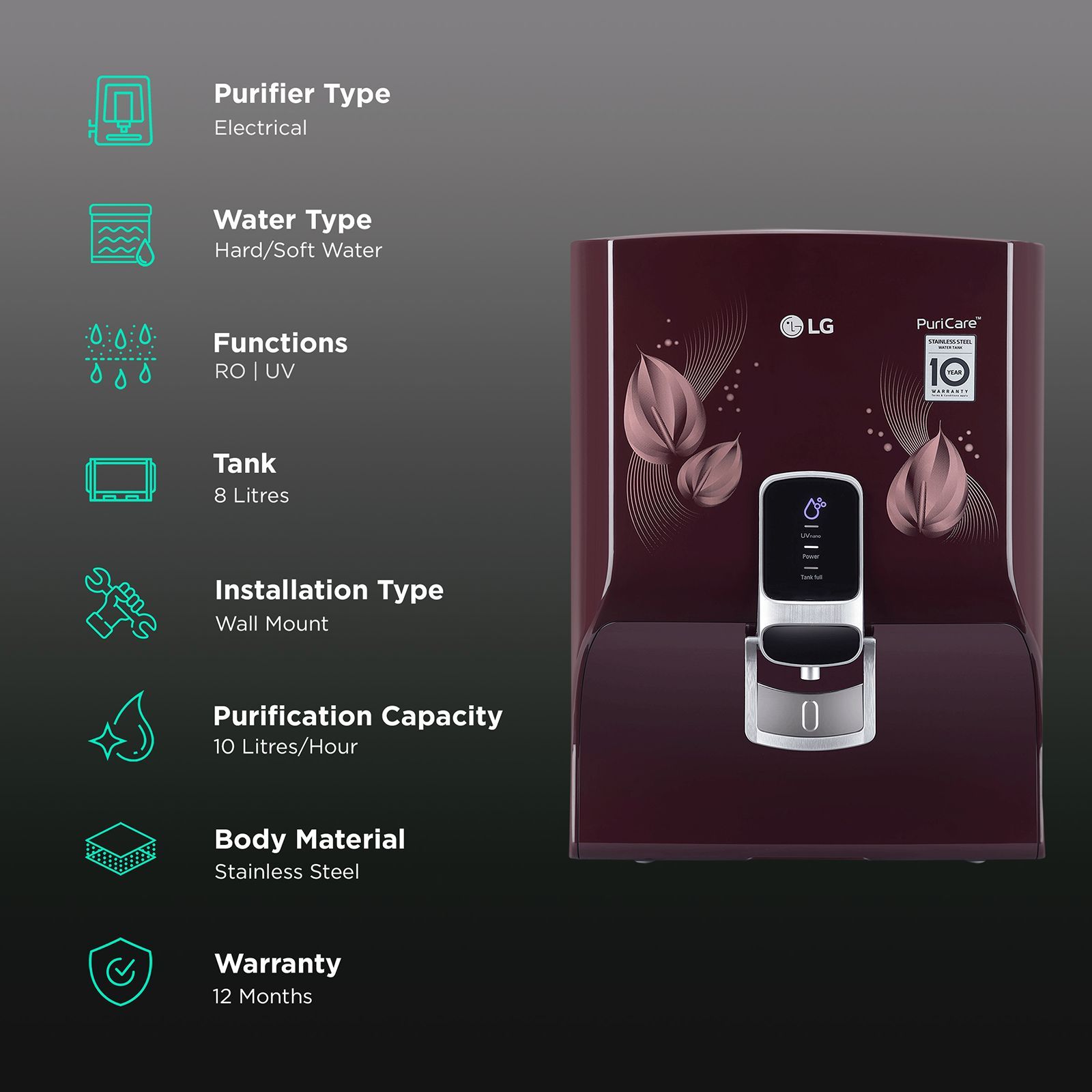 LG PuriCare 8L RO + UV Water Purifier with Multi Stage Filtration Process (Crimson Red)_3