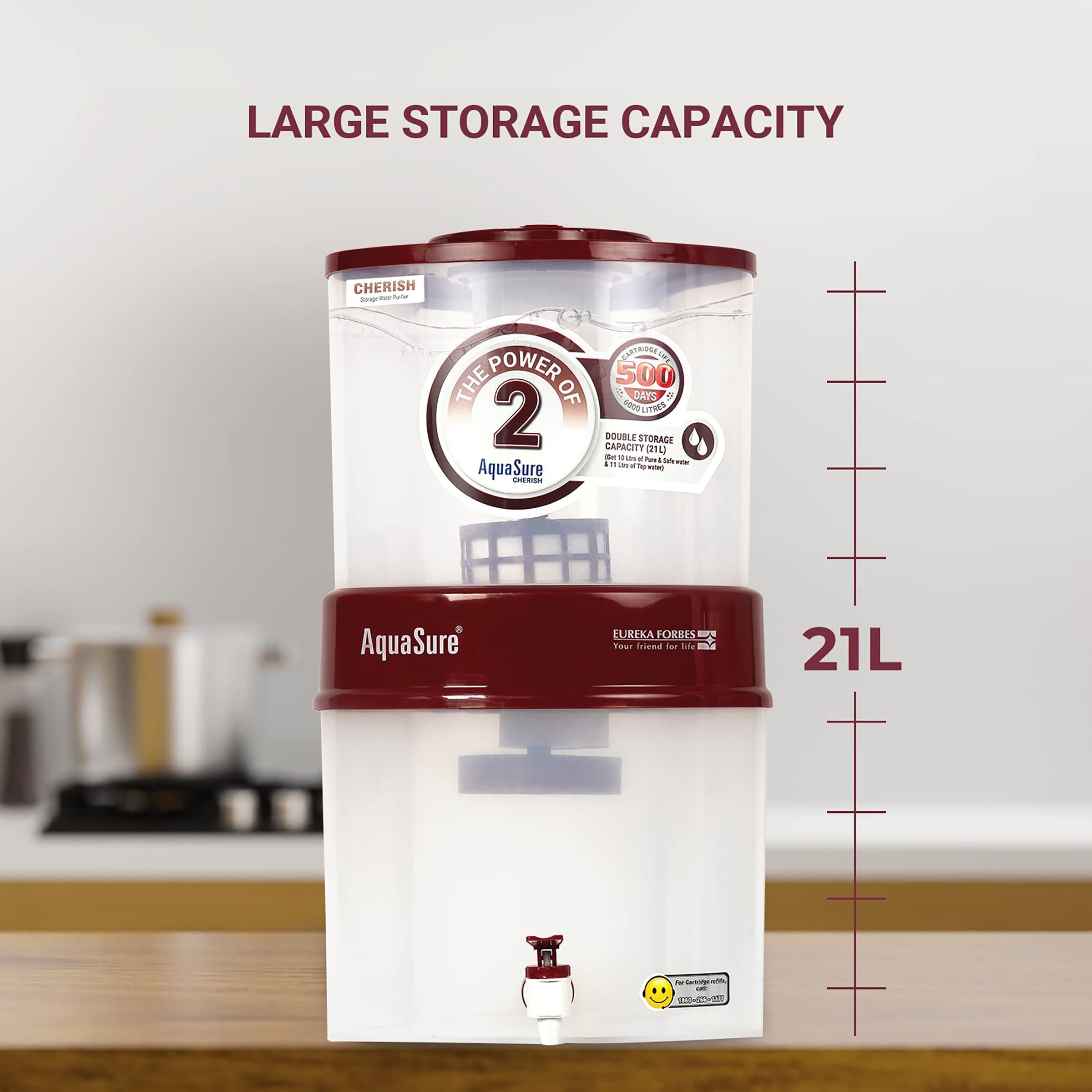 EUREKA FORBES AquaSure Cherish 21L Gravity Based Water Purifier with Food Grade Plastic (Cherry)_8