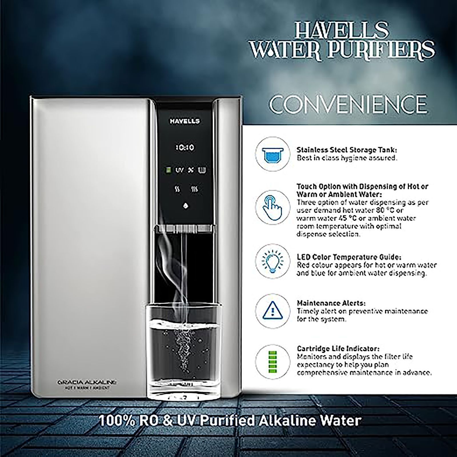 HAVELLS Gracia 7.5L RO + UV Hot & Cold Water Purifier with 8 Stage Purification (Silver/Black)_13