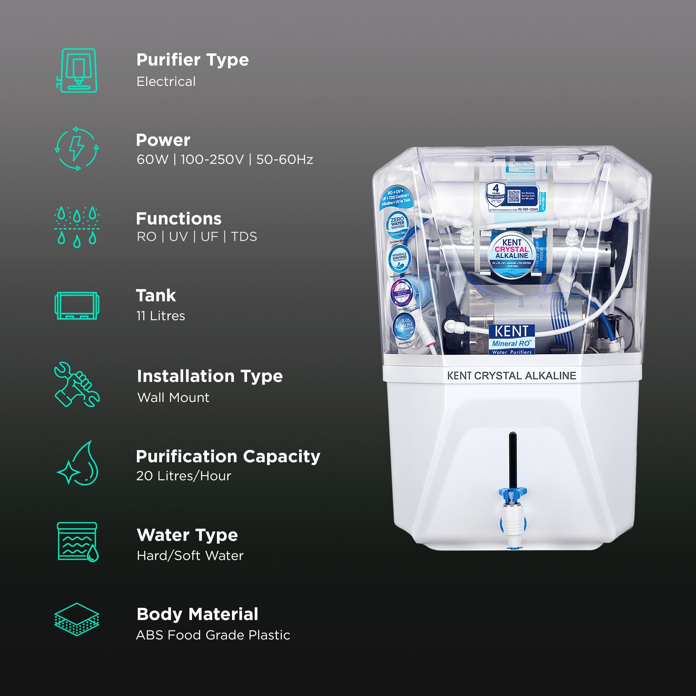 KENT Crystal 11L RO + UV + UF + Alkaline + UV-in-tank + TDS Water Purifier with Zero Water Wastage (White) KENT Crystal 11L RO + UV + UF + Alkaline + UV-in-tank + TDS Water Purifier with Zero Water Wastage (White)_3