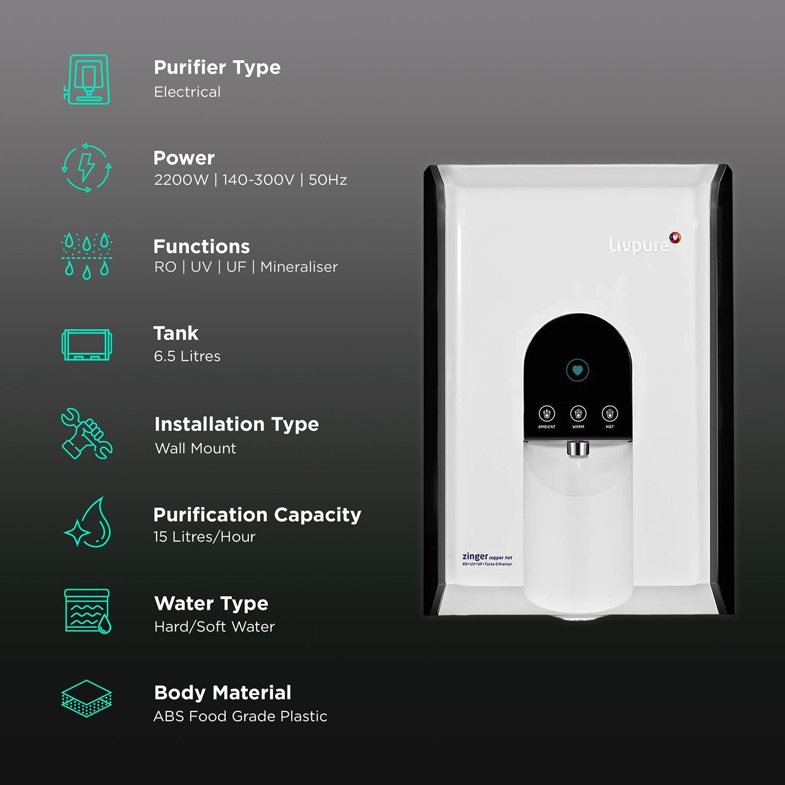 Livpure Zinger 6.5L RO + UV + UF + Mineraliser Hot & Cold Water Purifier with 6 Stage Purification (White)_3
