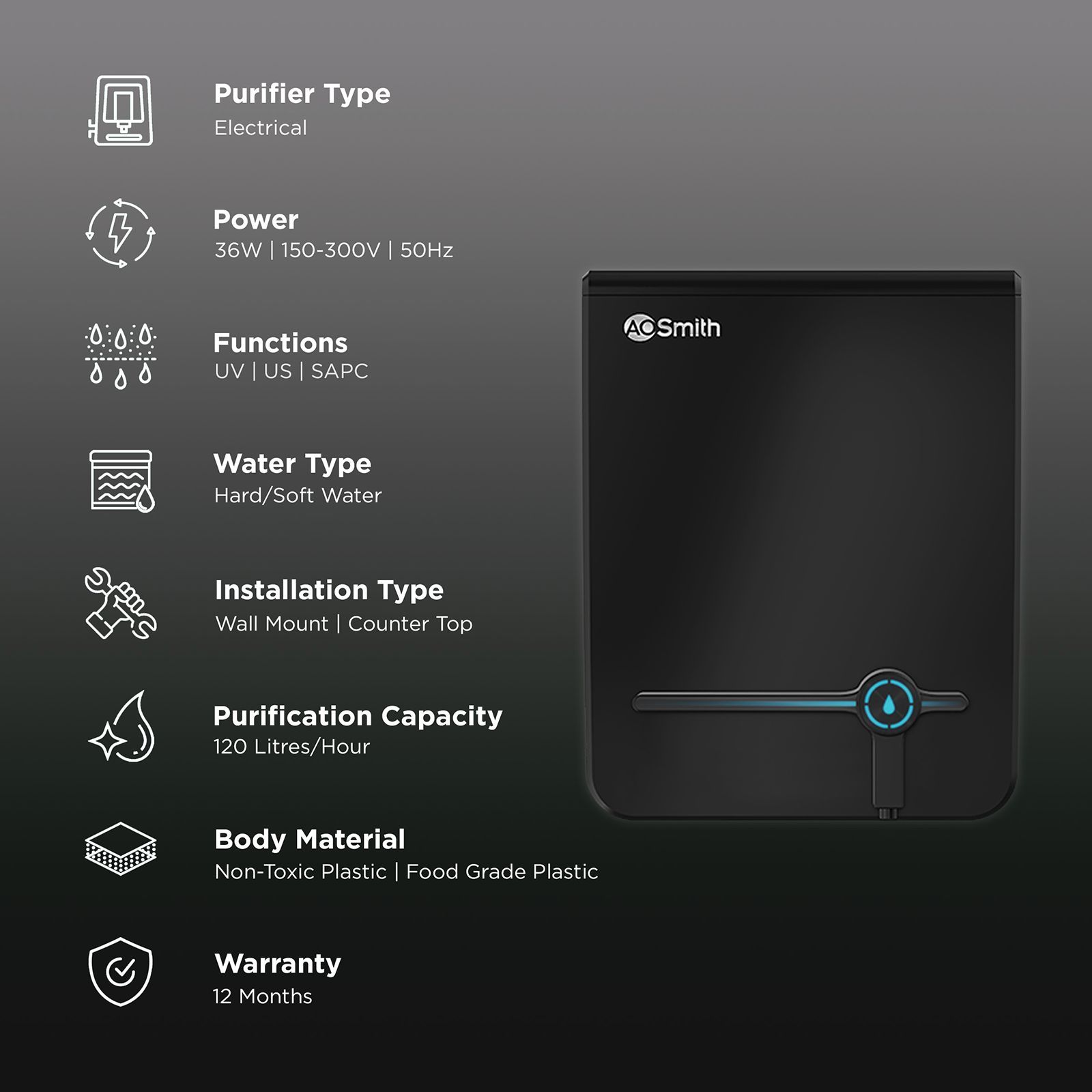 AO Smith Intelli UV + US + SAPC Water Purifier with 5 Stage Purification (Black) AO Smith Intelli UV + US + SAPC Water Purifier with 5 Stage Purification (Black)_3