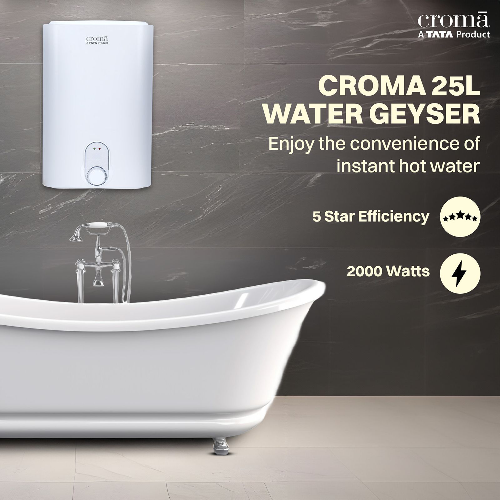 Croma 25 Litres 5 Star Vertical Storage Water Geyser with Copper Heating Element (White)_12
