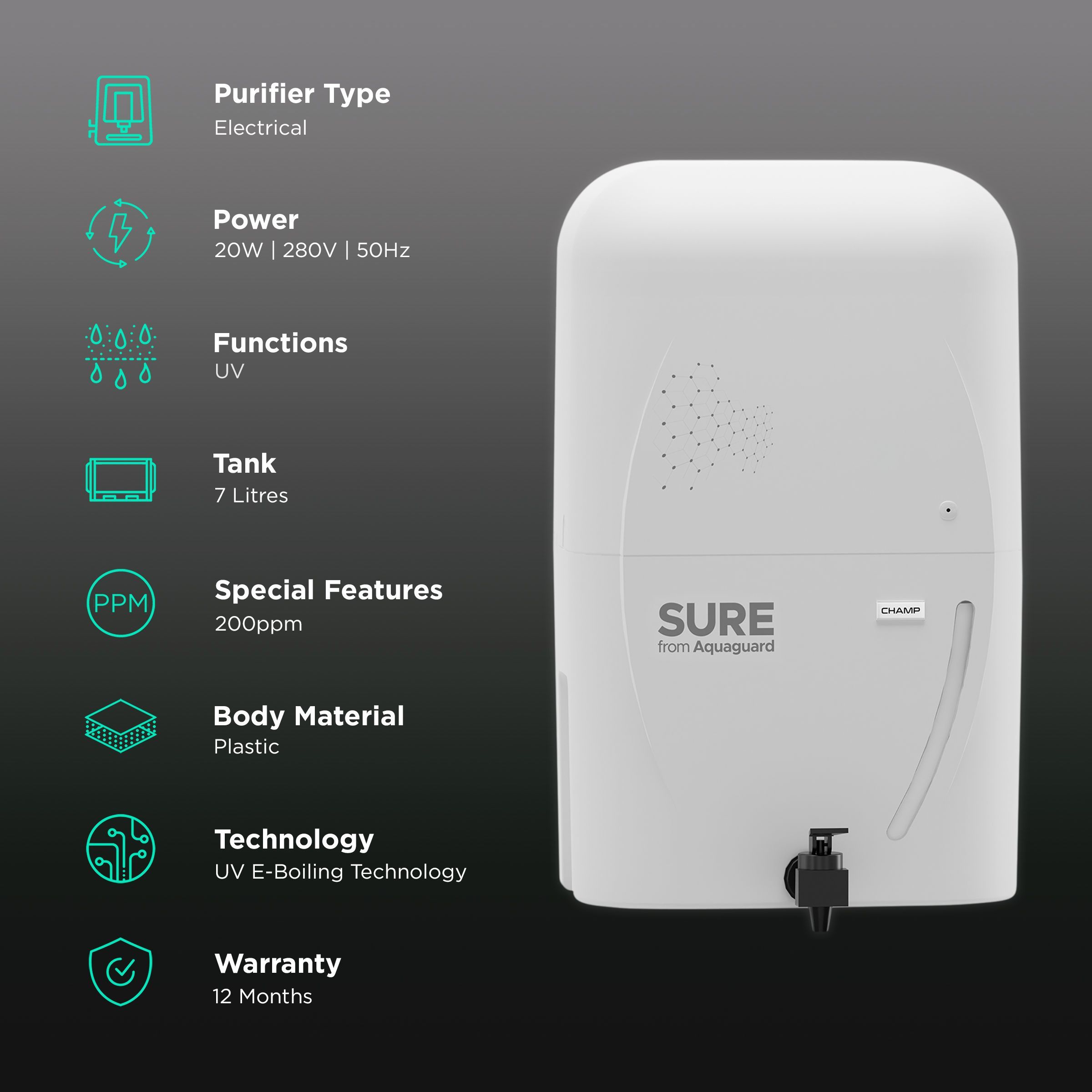 EUREKA FORBES AquaSure Champ 7L UV Water Purifier with Water Level Indicator (White)_3