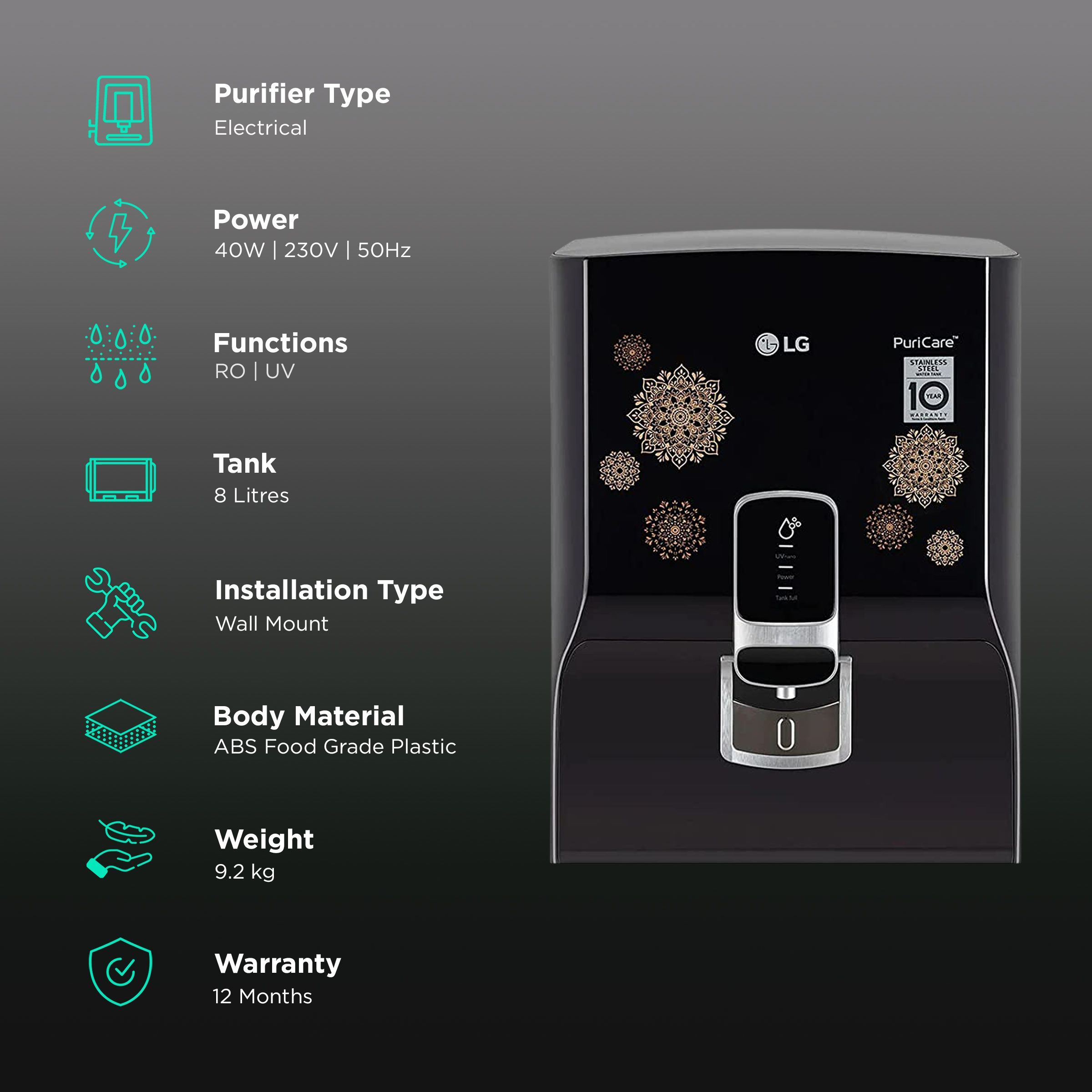 LG PuriCare 8L RO + UV Water Purifier with Mineral Booster (Black with Regal Pattern) LG PuriCare 8L RO + UV Water Purifier with Mineral Booster (Black with Regal Pattern)_3