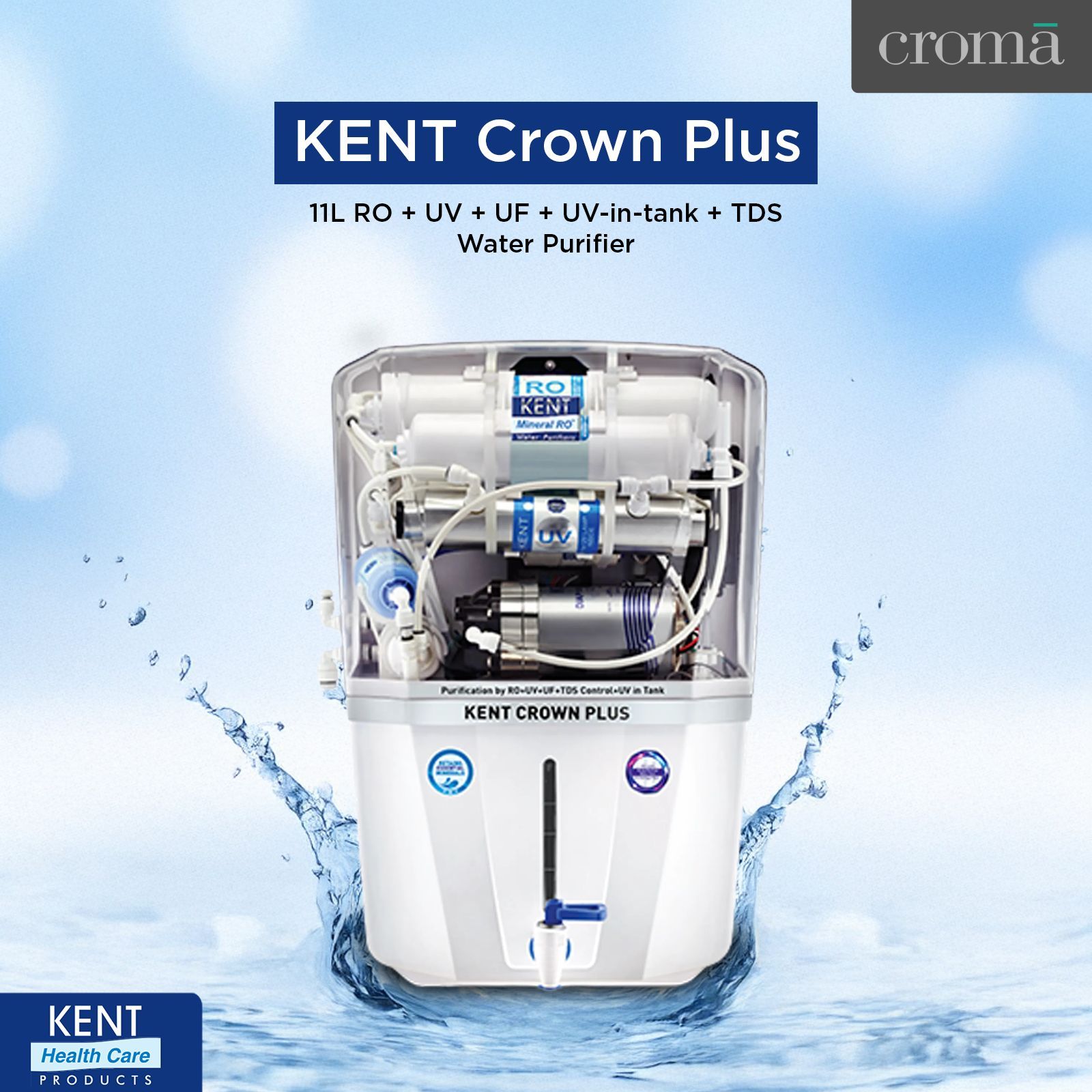 KENT Crown Plus 11L RO + UV + UF + UV-in-tank + TDS Water Purifier with Zero Water Wastage Technology (White)_4