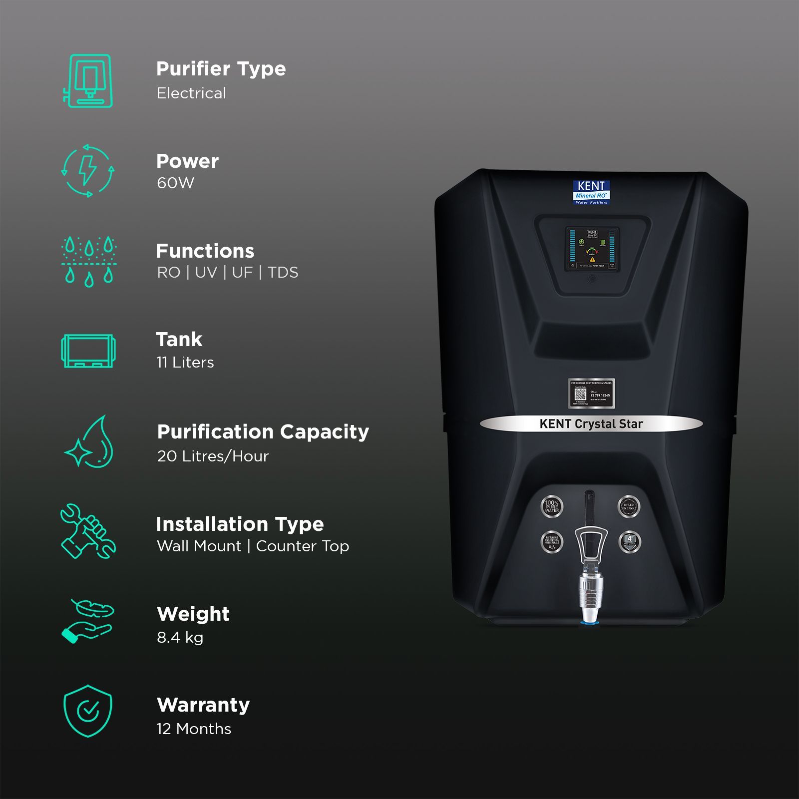 KENT Crystal Star-B 11L Gravity Based Water Purifier with Zero Water Wastage Technology (Black)_3