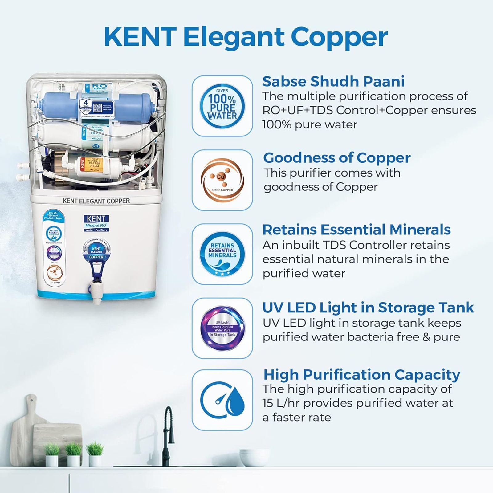 KENT Elegant Copper 8L RO + UF + UV-in-tank + TDS + Copper Water Purifier with Overflow Protection (White)_6