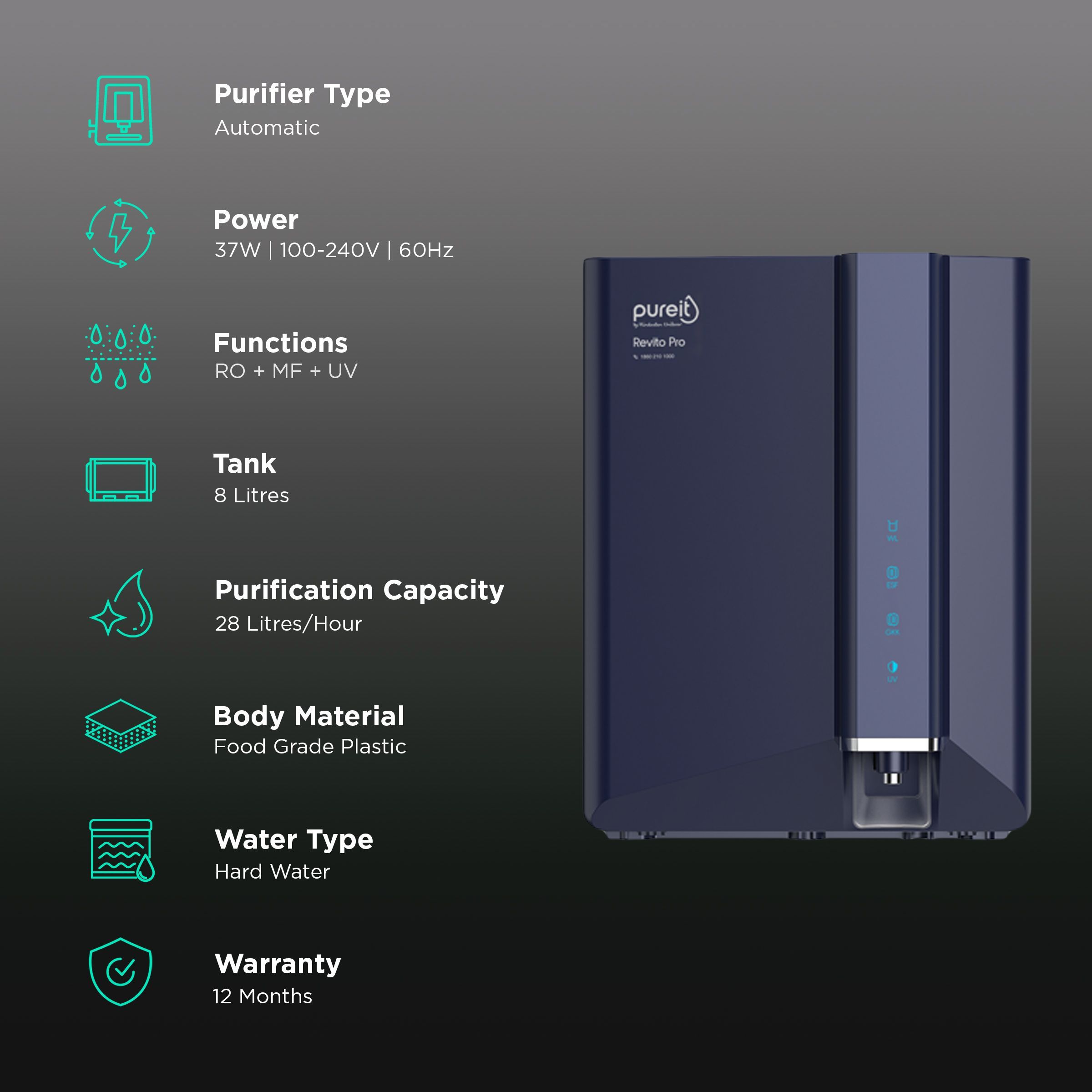 pureit Revito Pro 8L RO + MF + UV-in-tank + Mineral Enriched Water Purifier with Advanced 8 Stage Purification (Blue) pureit Revito Pro 8L RO + MF + UV-in-tank + Mineral Enriched Water Purifier with Advanced 8 Stage Purification (Blue)_3