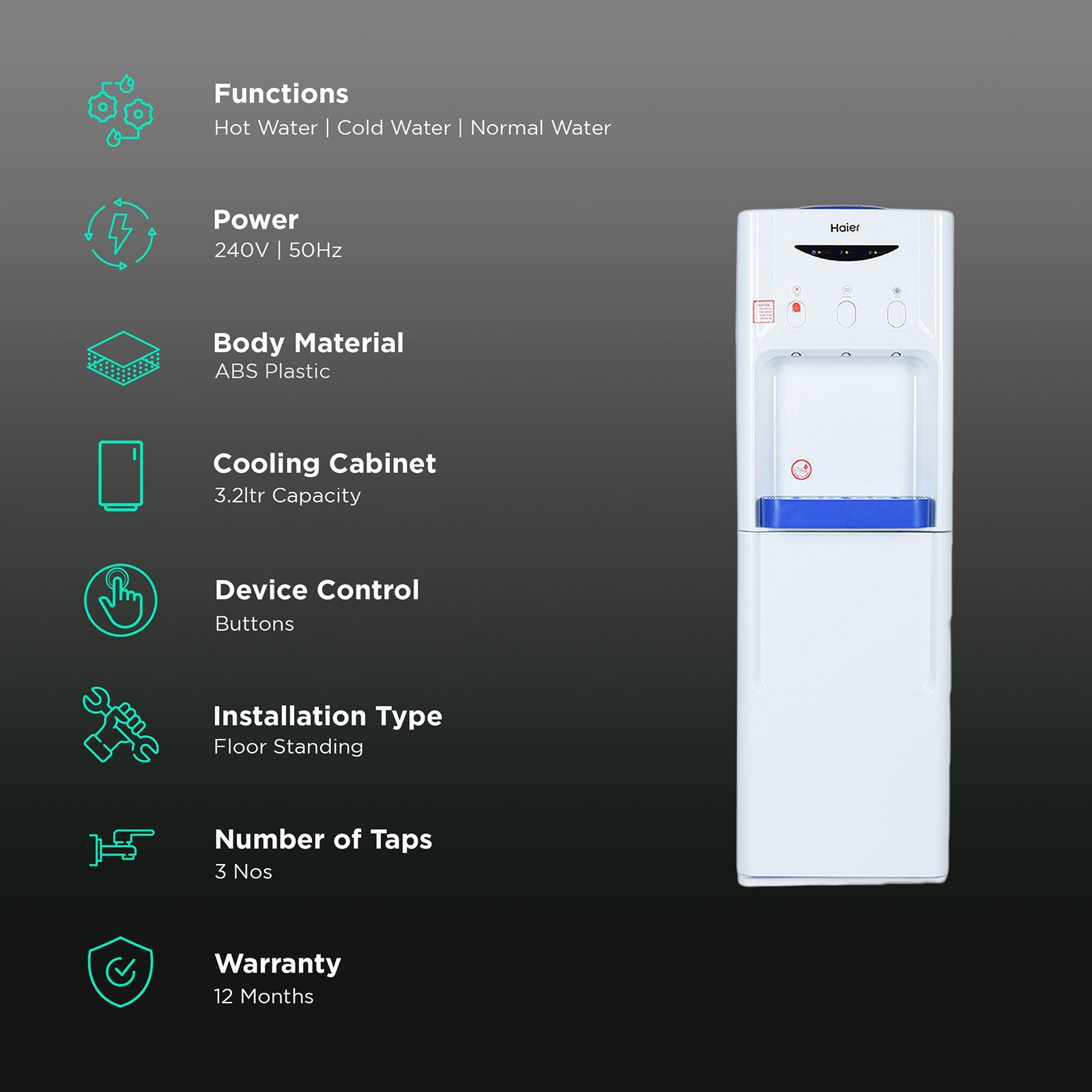 Haier HWD-3WFS Hot, Cold and Normal Top Load Water Dispenser with Water Collector Tray (White)_3