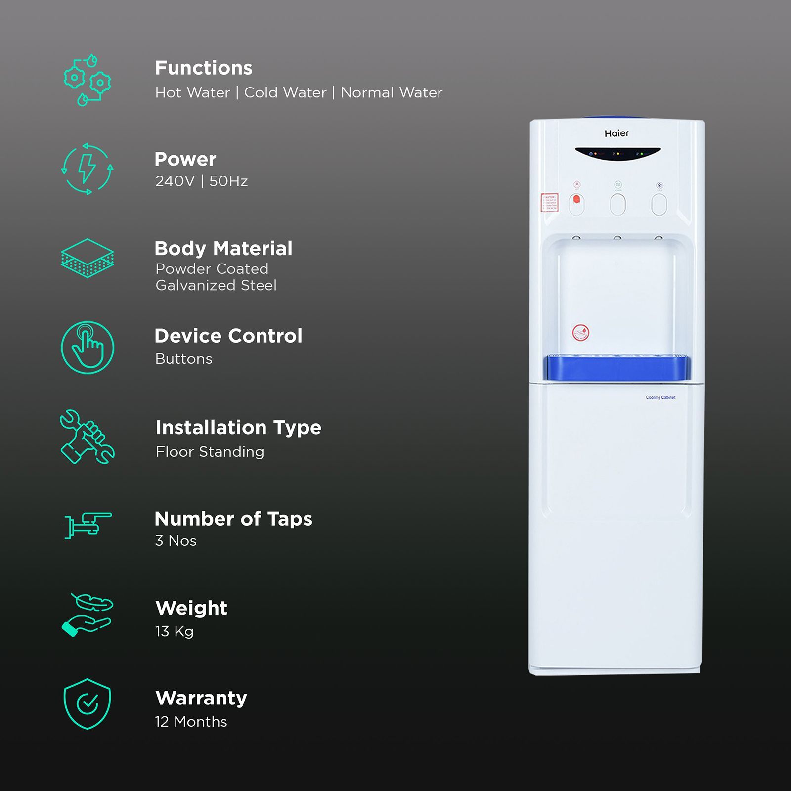 Haier HWD-3WFMR Hot, Cold and Normal Top Load Water Dispenser with Cooling Cabinet (White)_3