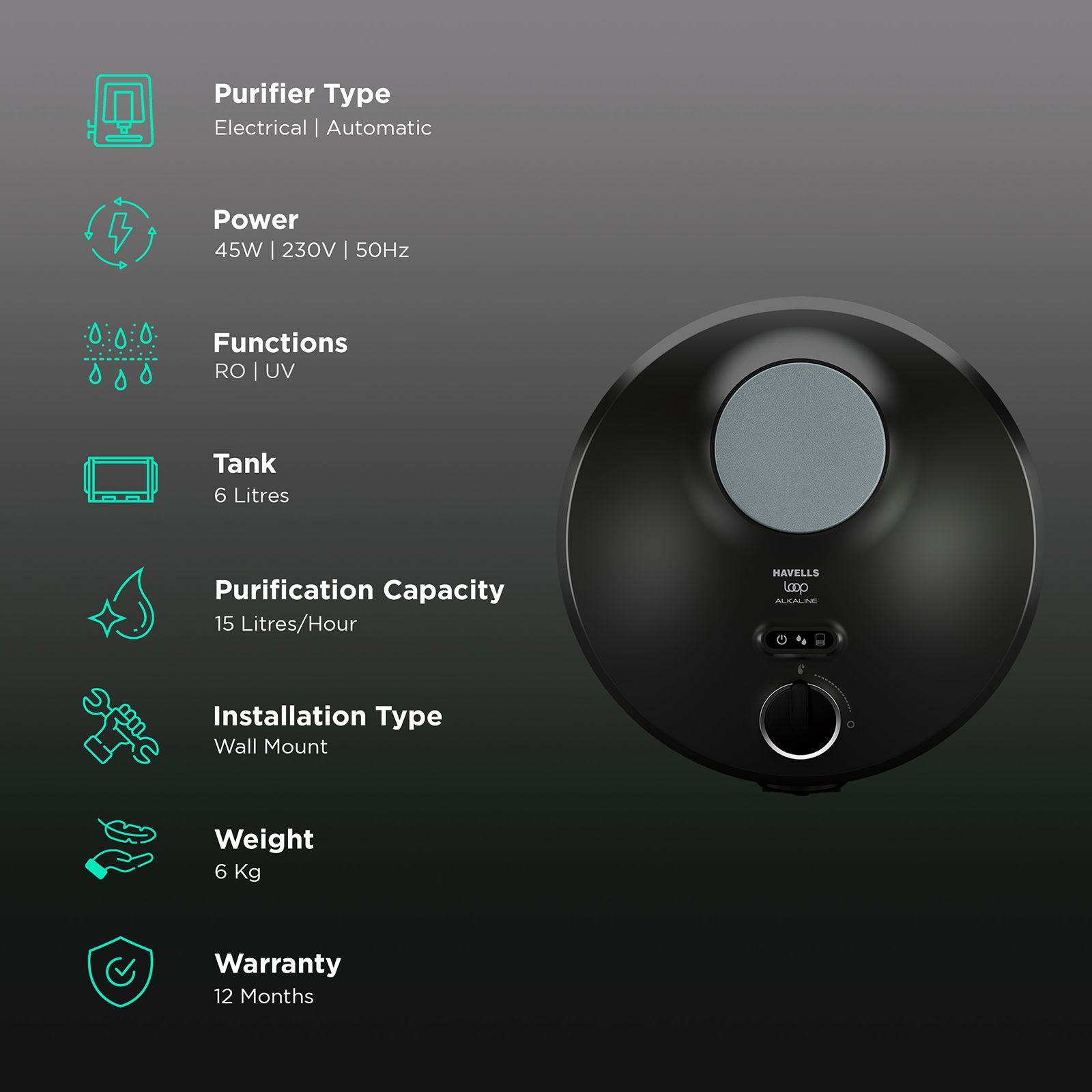 HAVELLS LOOP 6L RO + UV + Alkaline Water Purifier with Hygienic Flow Control (Hydro Grey) HAVELLS LOOP 6L RO + UV + Alkaline Water Purifier with Hygienic Flow Control (Hydro Grey)_3