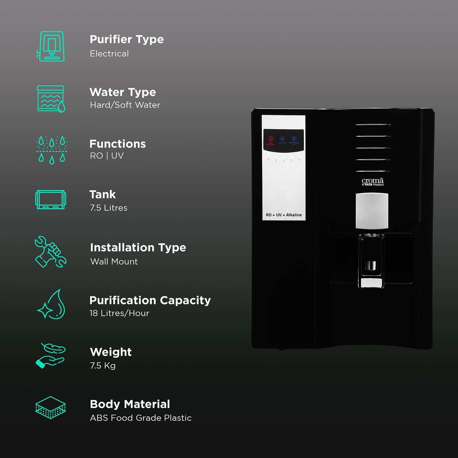 Croma 7.5L RO + UV + Alkaline Water Purifier with Reverse Osmosis Filtration (Black)_3