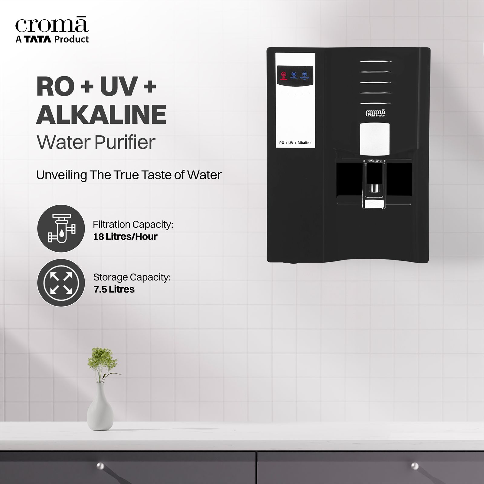 Croma 7.5L RO + UV + Alkaline Water Purifier with Reverse Osmosis Filtration (Black)_4
