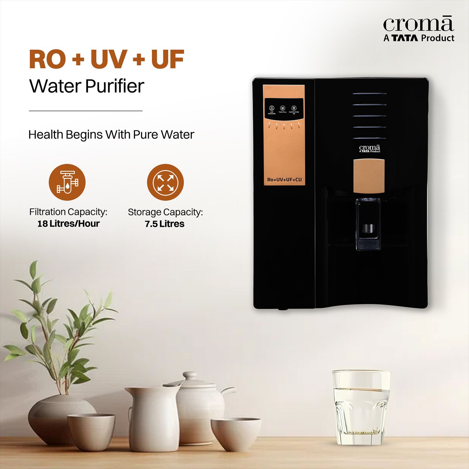 Croma 7.5L RO + UV + UF Water Purifier with Advanced Copper Technology (Black)_4