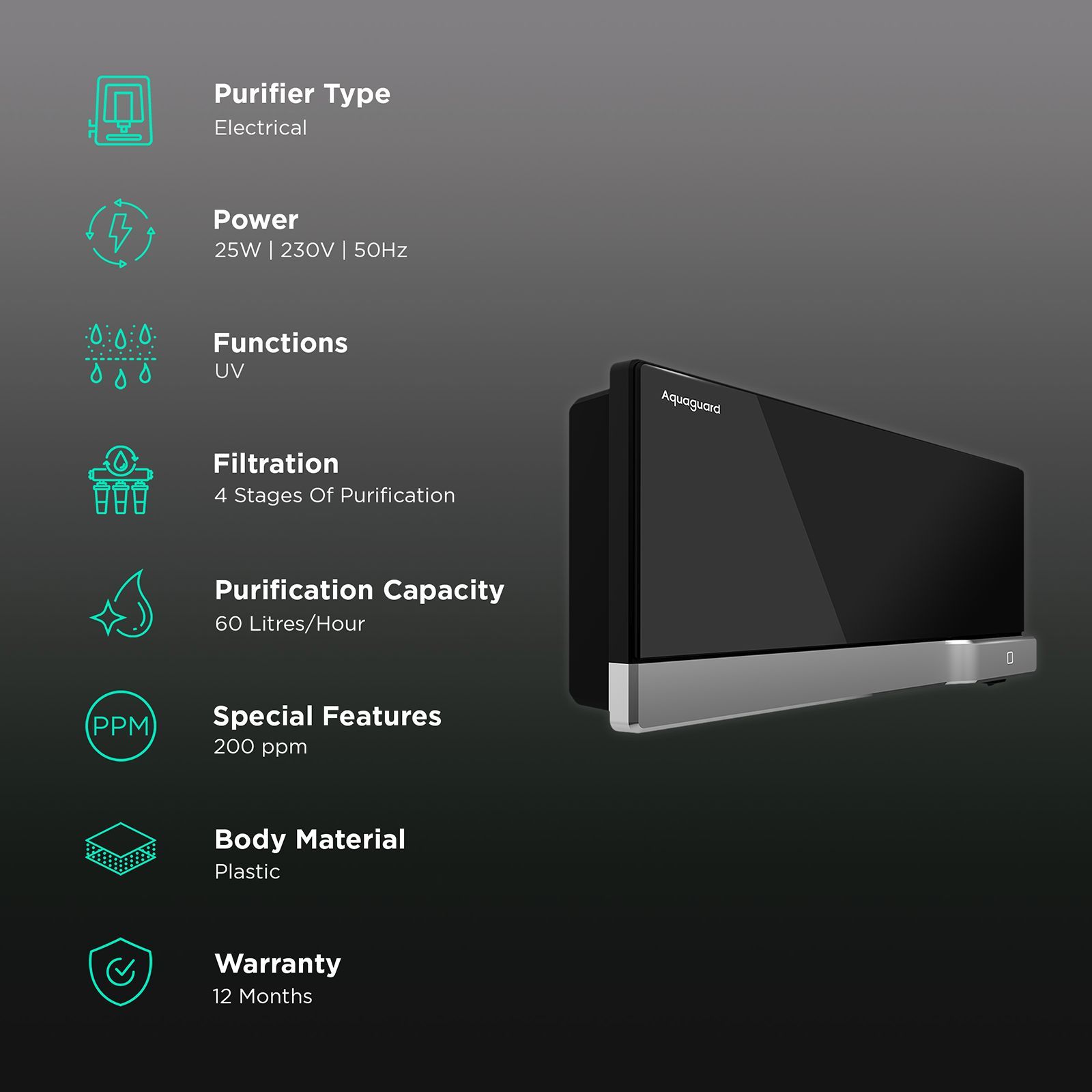 Aquaguard Slim Glass Bar Inline UV Water Purifier with Active Copper Zinc Booster Technology (Black & Silver)_3