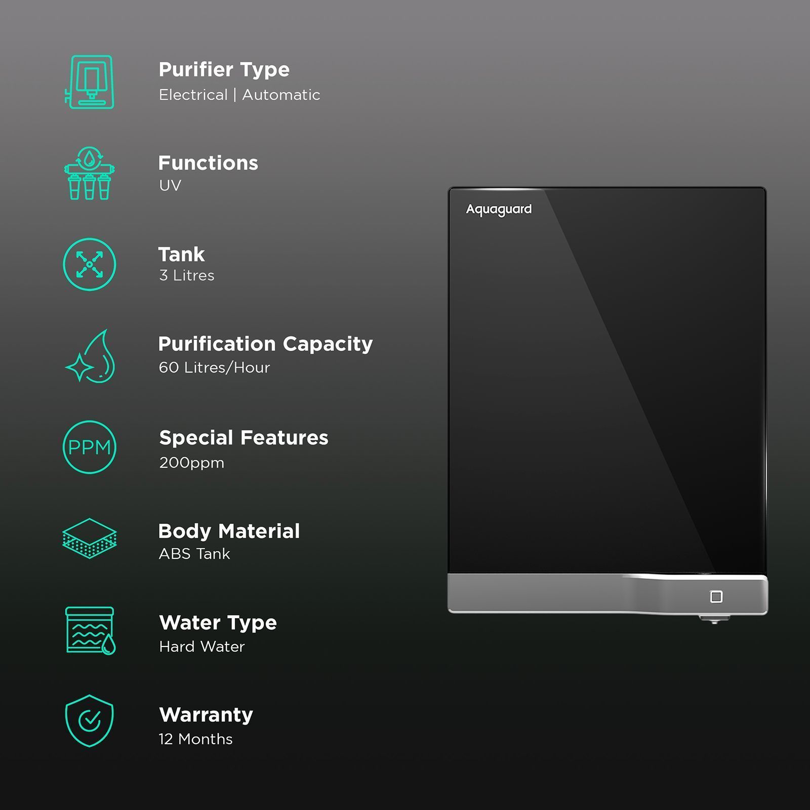 Aquaguard Slim Glass 3L UV Water Purifier with Active Copper Zinc Booster Technology (Black & Silver)_3
