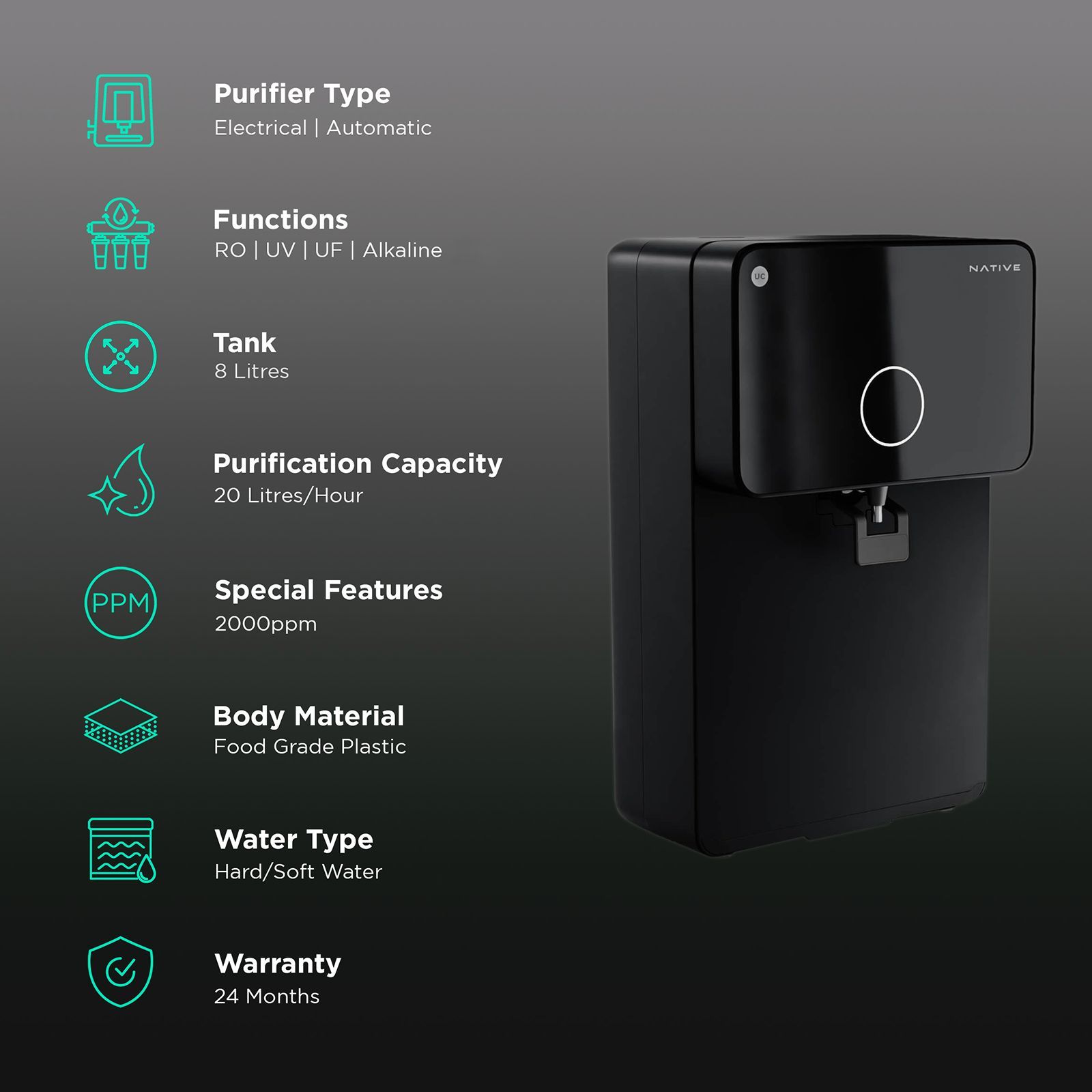 Native by UC M1 8L RO + UV + UF + Alkaline Water Purifier with No need of service for 2 years (Black) Native by UC M1 8L RO + UV + UF + Alkaline Water Purifier with No need of service for 2 years (Black)_3