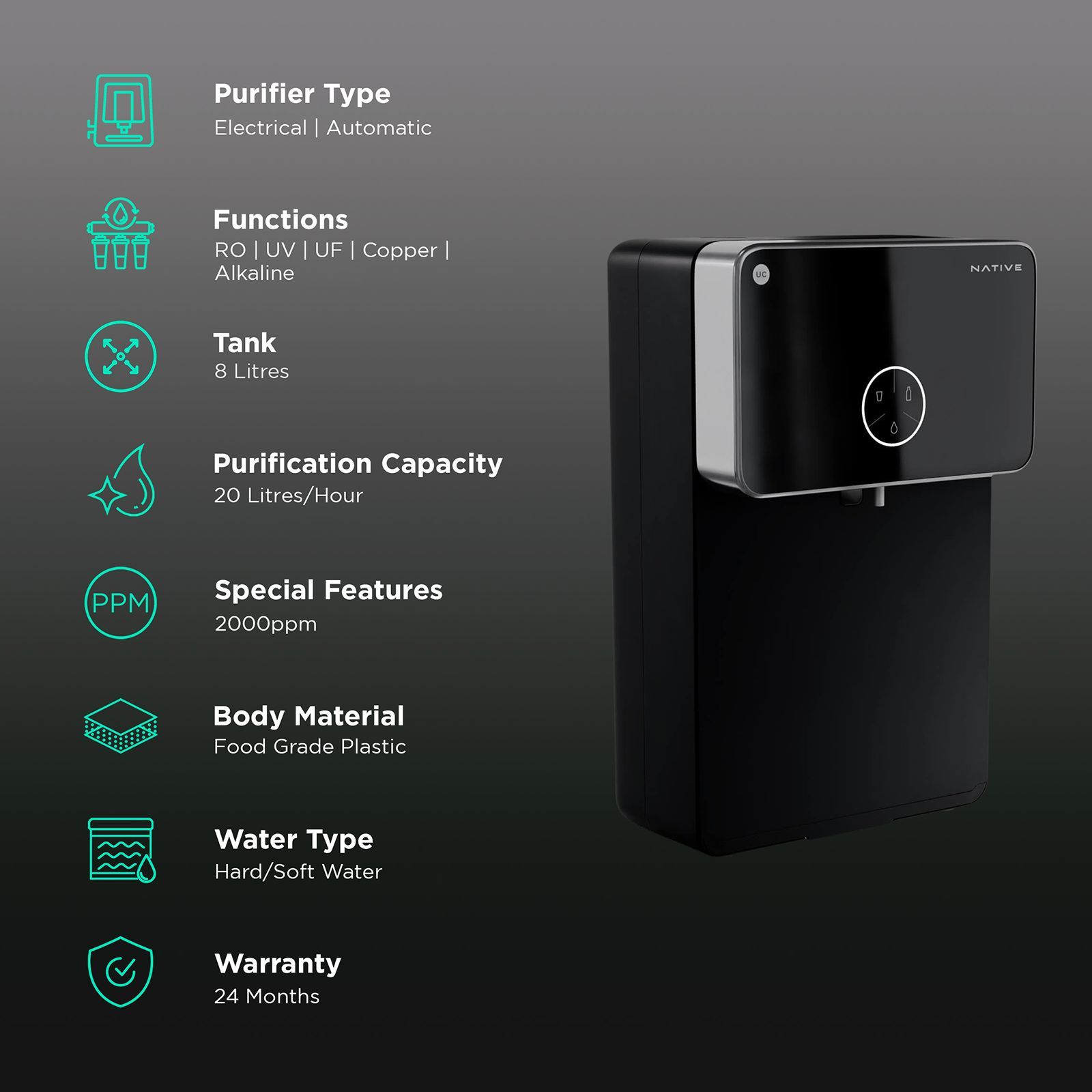 Native by UC M2 8L RO + UV + UF + Copper + Alkaline Water Purifier with No need of service for 2 years (Black)_3