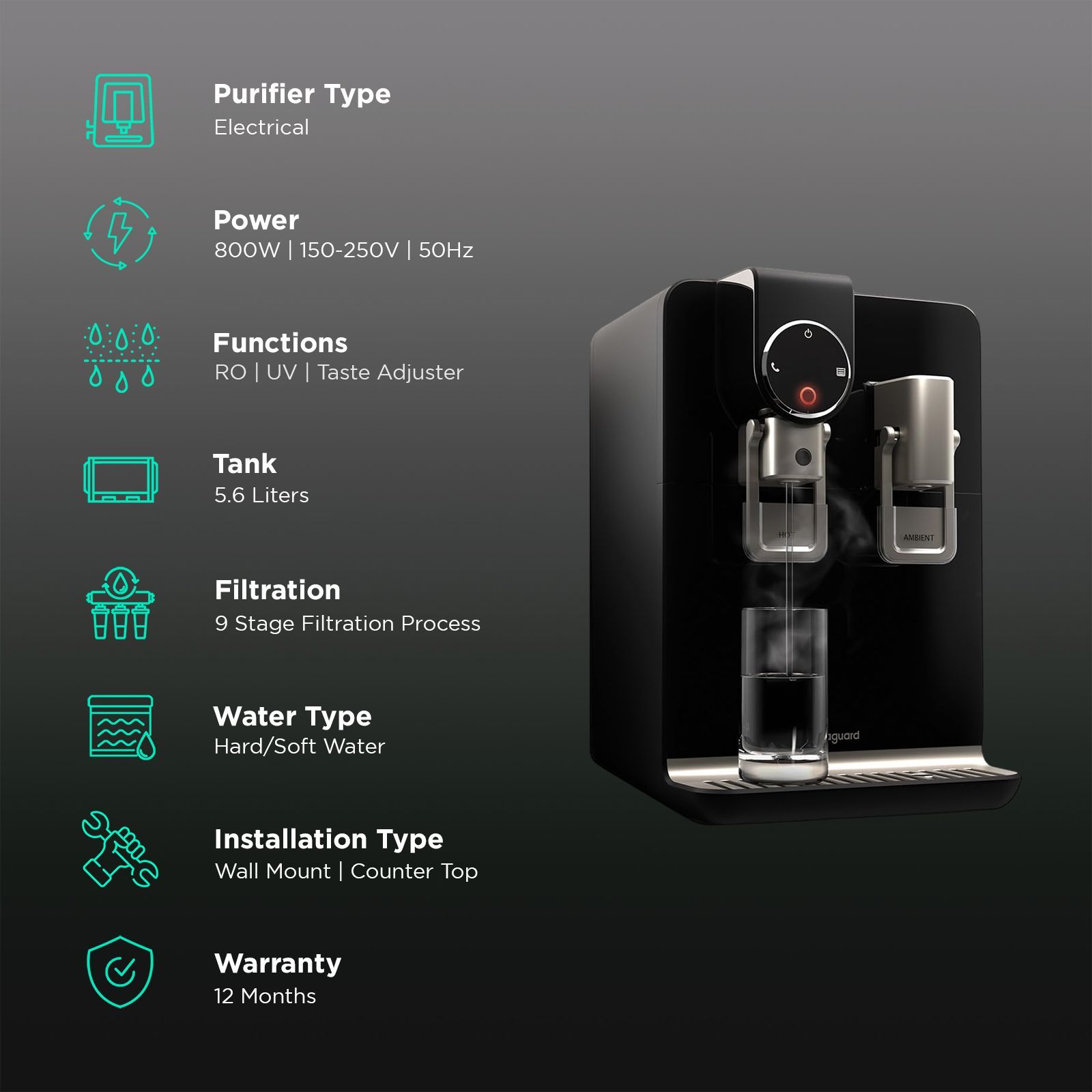 Aquaguard Blaze Insta 5.6L RO + UV + TA Hot & Ambient Water Purifier with Active Copper Technology (Black)_3