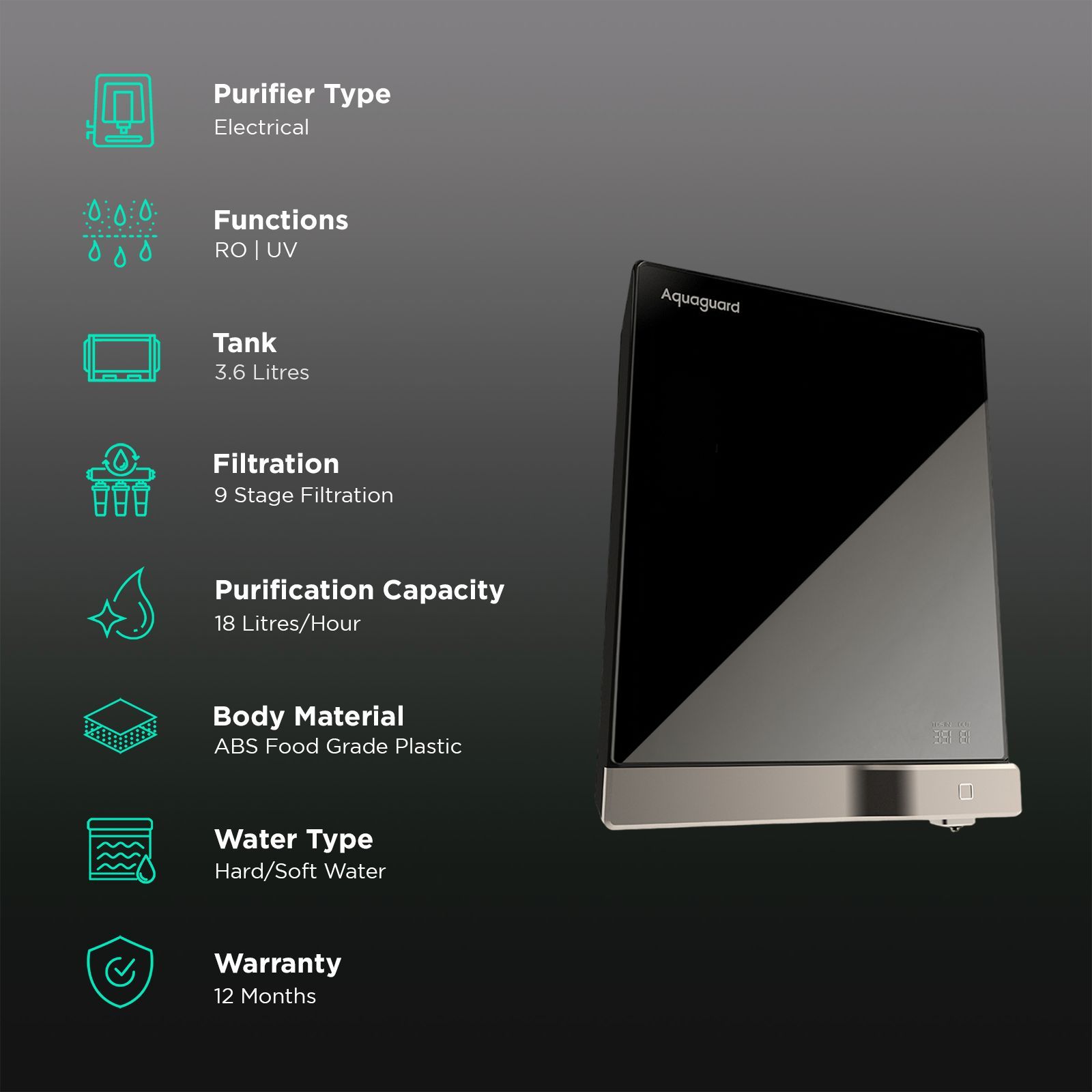 Aquaguard Slimtech Glass 3.6L RO + UV + TA Water Purifier with 5th Gen UV LED (Black) Aquaguard Slimtech Glass 3.6L RO + UV + TA Water Purifier with 5th Gen UV LED (Black)_3