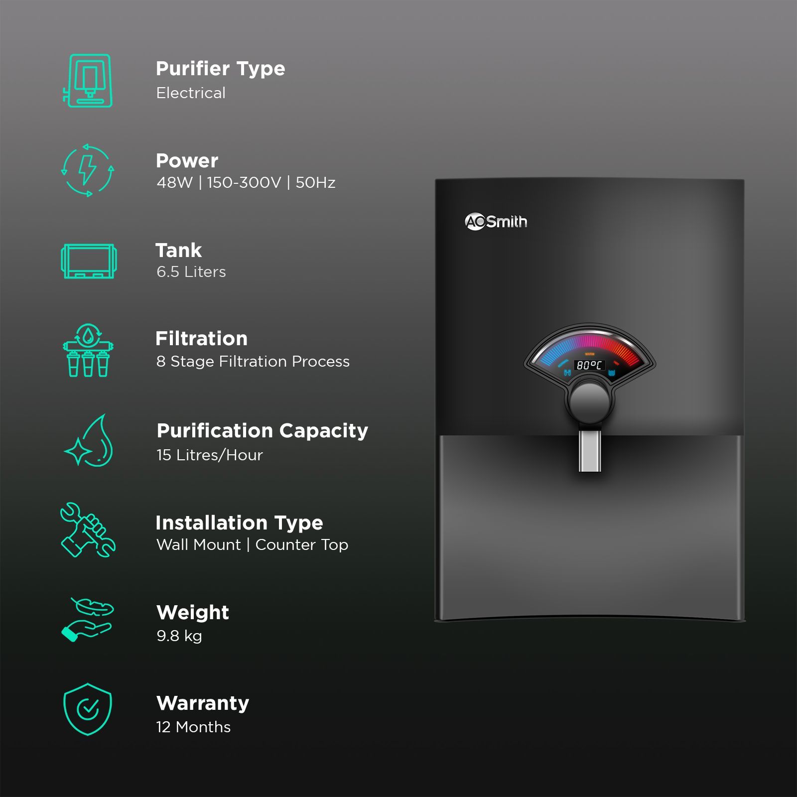 AO Smith Proplanet P8 6.5L RO + SCMT Hot & Cold Water Purifier with Advance Alert Technology (Black)_3