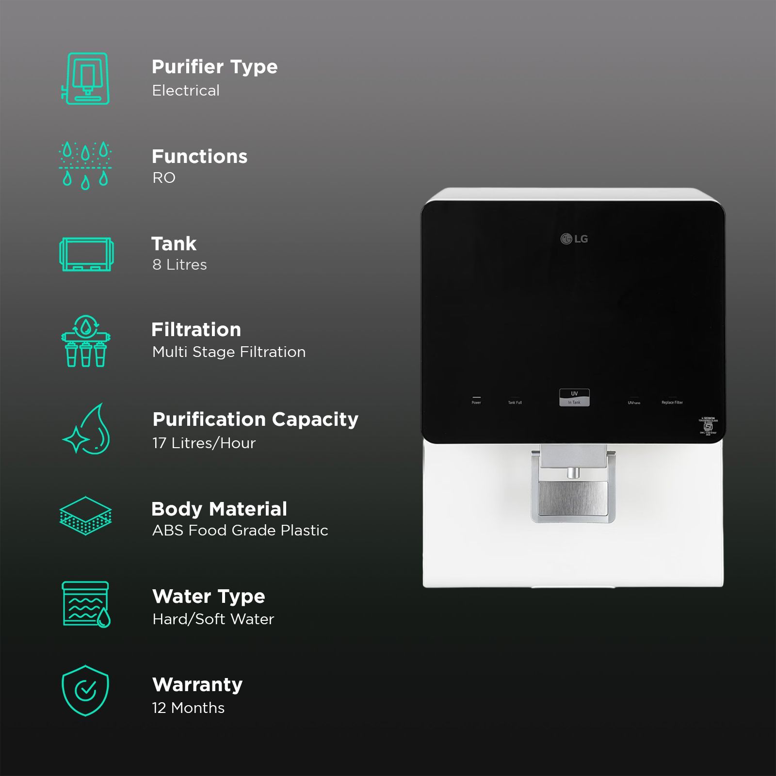 LG WW176GPBW 8L RO + UV Water Purifier with Multi Stage Filtration Process (Black & White)_3