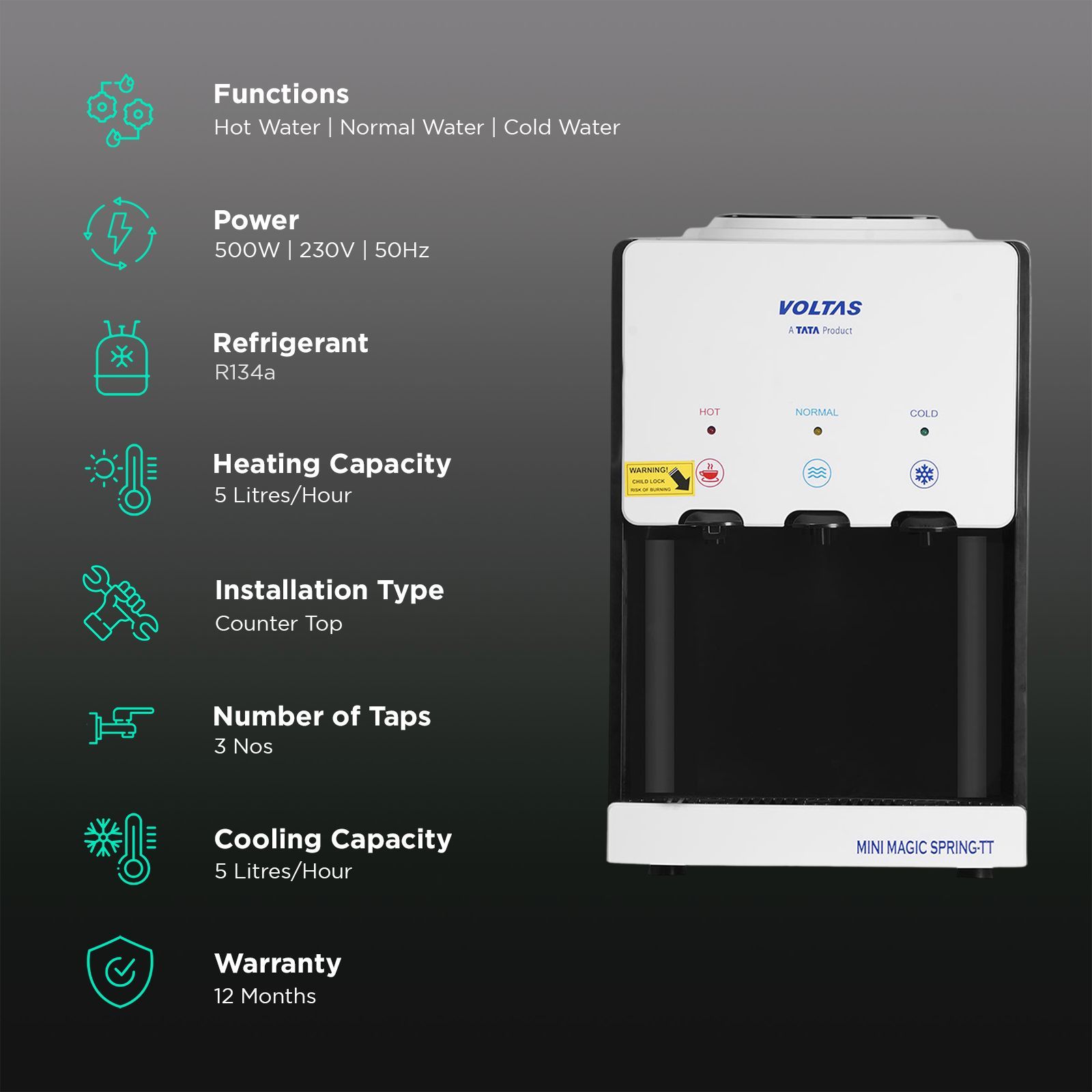 VOLTAS Minimagic Spring TT Hot, Cold & Normal Top Load Water Dispenser with Eco-friendly Refrigerant (White & Black)_3