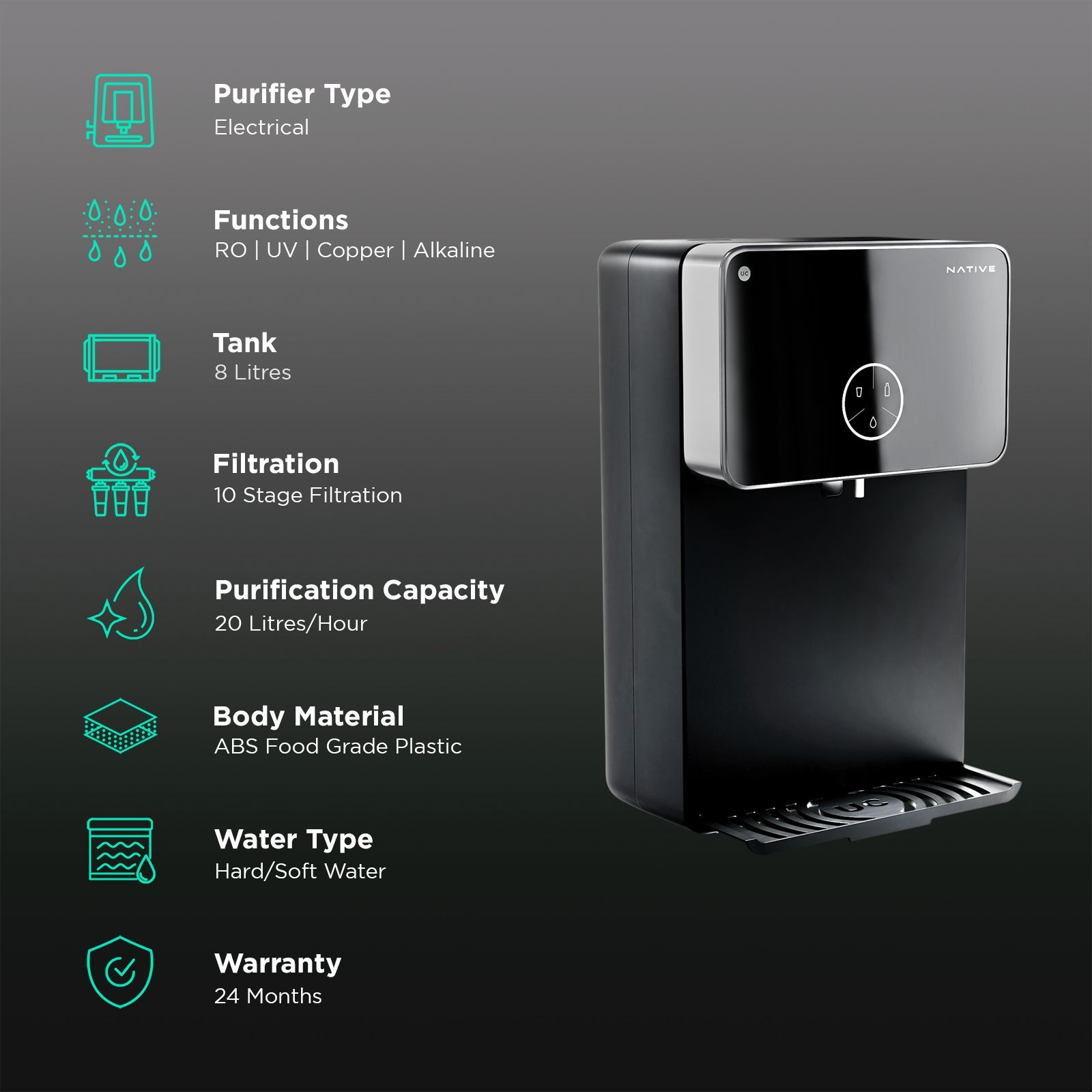 Native by UC M2 8L RO + UV + Copper + Alkaline + Minerals Water Purifier with Thin Film Composite Reverse Osmosis Membrane (Black) Native by UC M2 8L RO + UV + Copper + Alkaline + Minerals Water Purifier with Thin Film Composite Reverse Osmosis Membrane (Black)_3