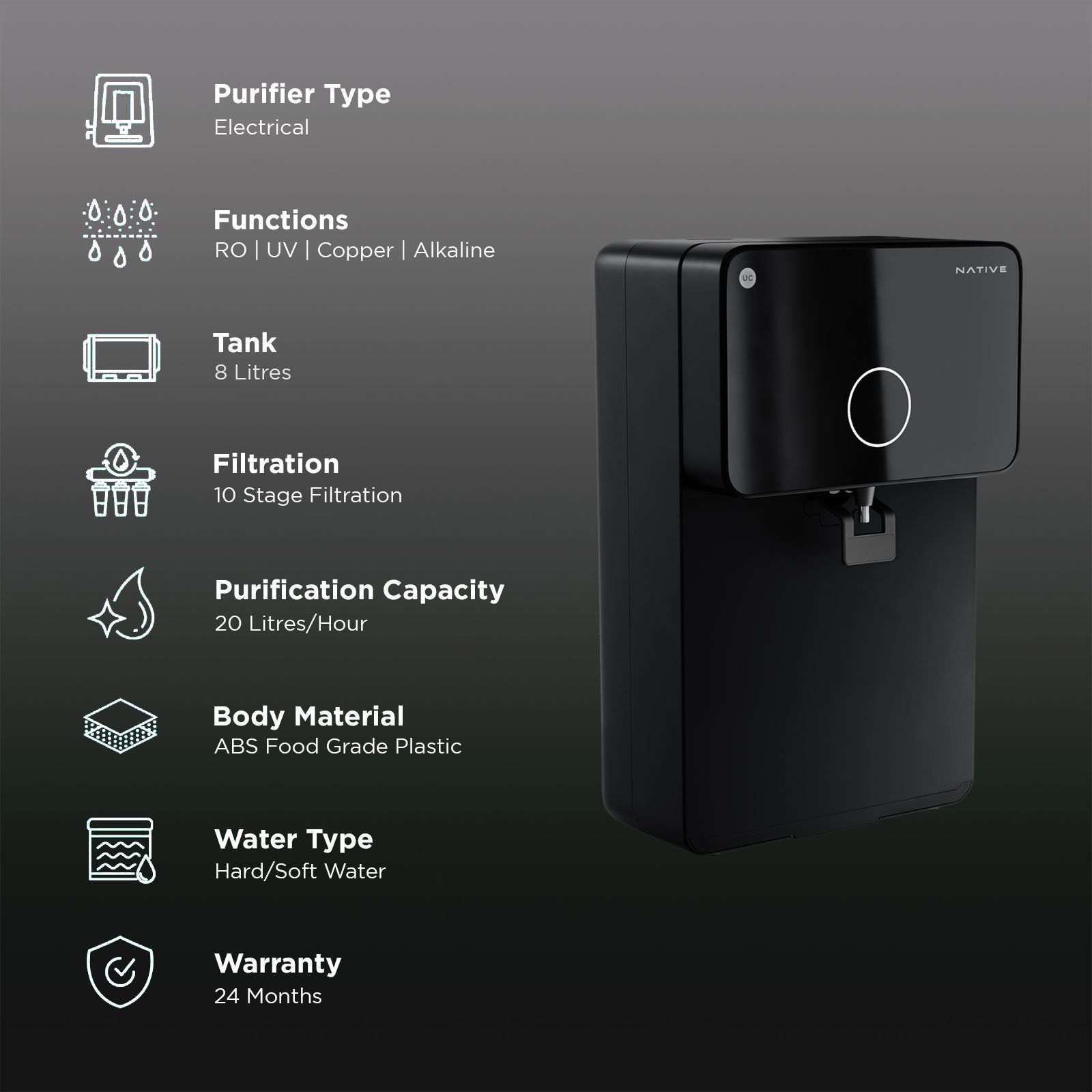 Native by UC M1 8L RO + UV + Copper + Alkaline + Minerals Water Purifier with Thin Film Composite Reverse Osmosis Membrane (Black) Native by UC M1 8L RO + UV + Copper + Alkaline + Minerals Water Purifier with Thin Film Composite Reverse Osmosis Membrane (Black)_3