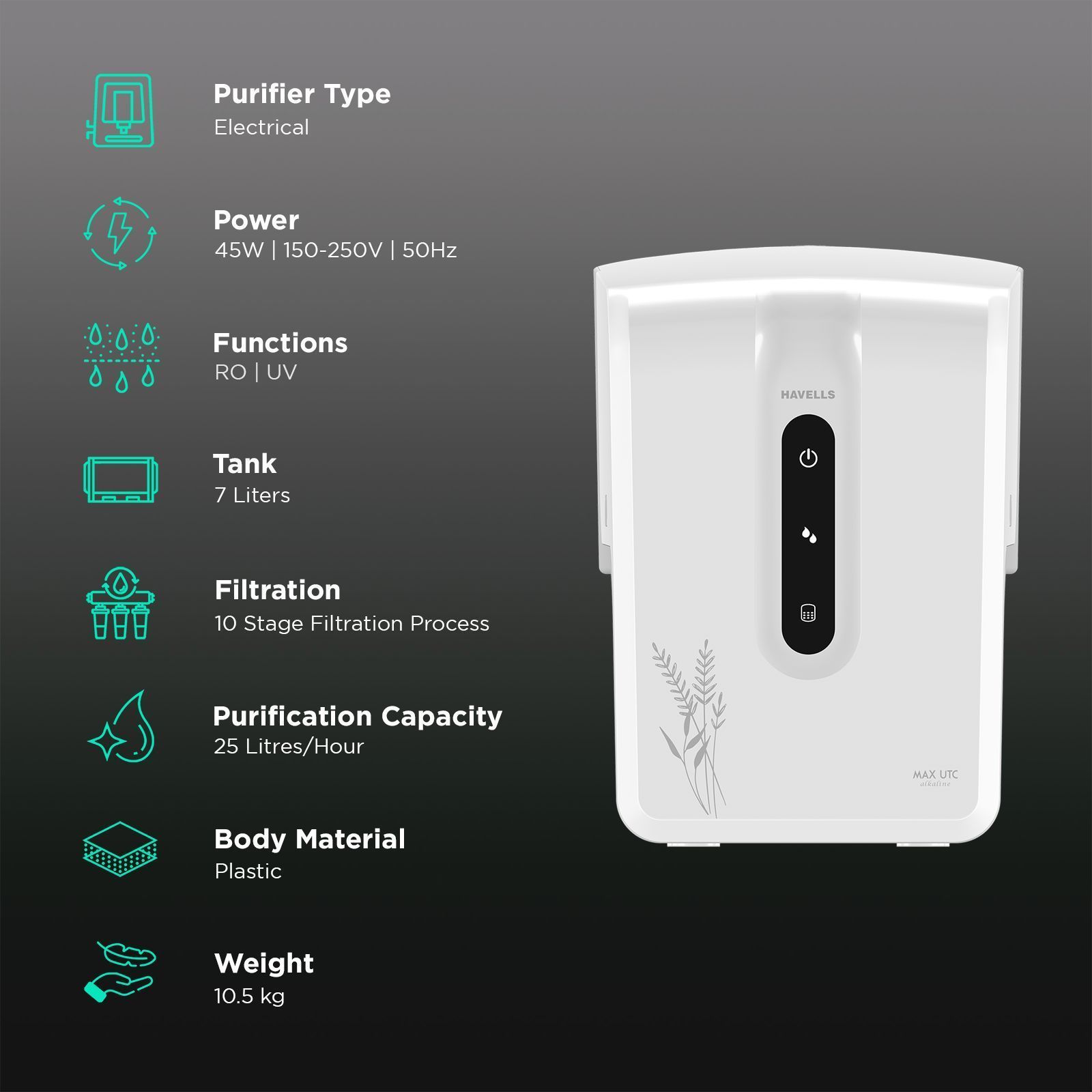 HAVELLS Max UTC Alkaline 7L RO + UV Hot & Cold Water Purifier with Advance Alert Technology (White)_3