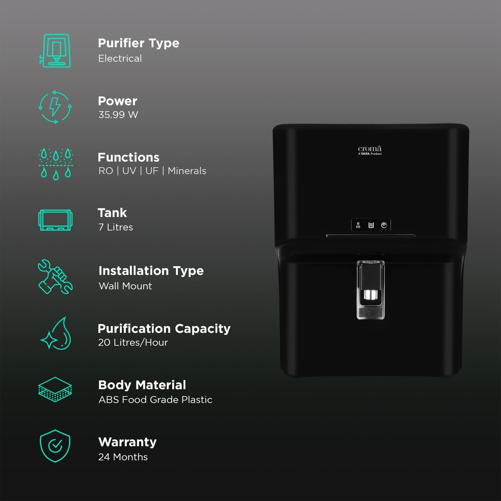 Croma 7L RO + UV + UF + Minerals Water Purifier with 8 Stage Purification Technology (Black) 2025_3