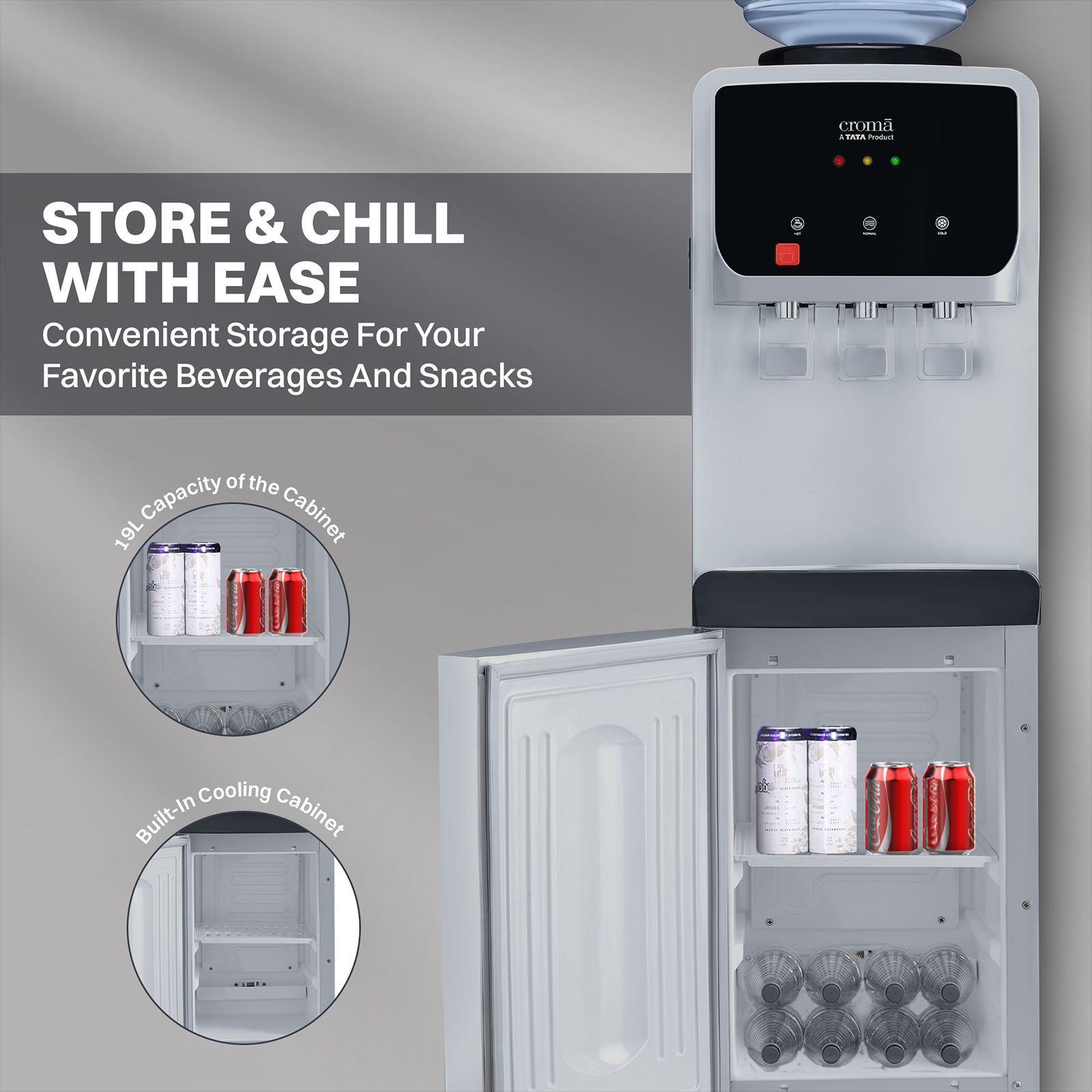 Croma Hot, Cold & Normal Top Load Water Dispenser with Cooling Cabinet (Silver)_14